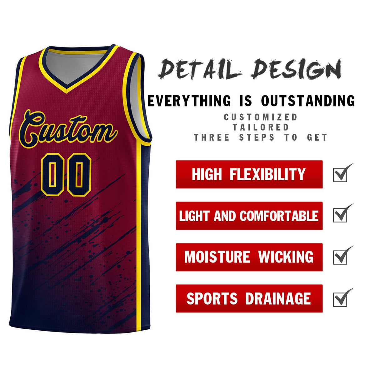 Custom Crimson Basketball Kits With Navy Paint Graffiti