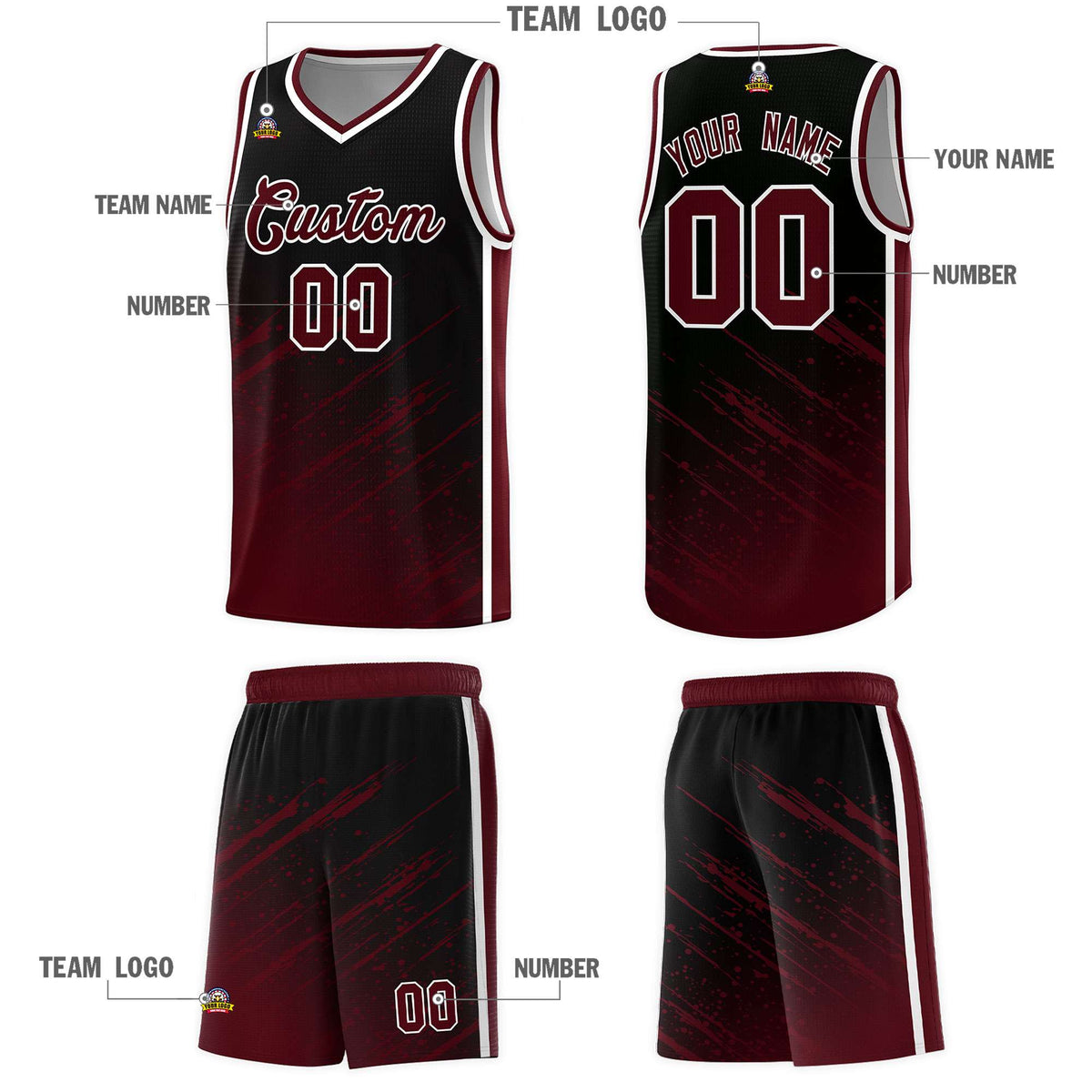 Custom Black Basketball Kits With Crimson Paint Graffiti