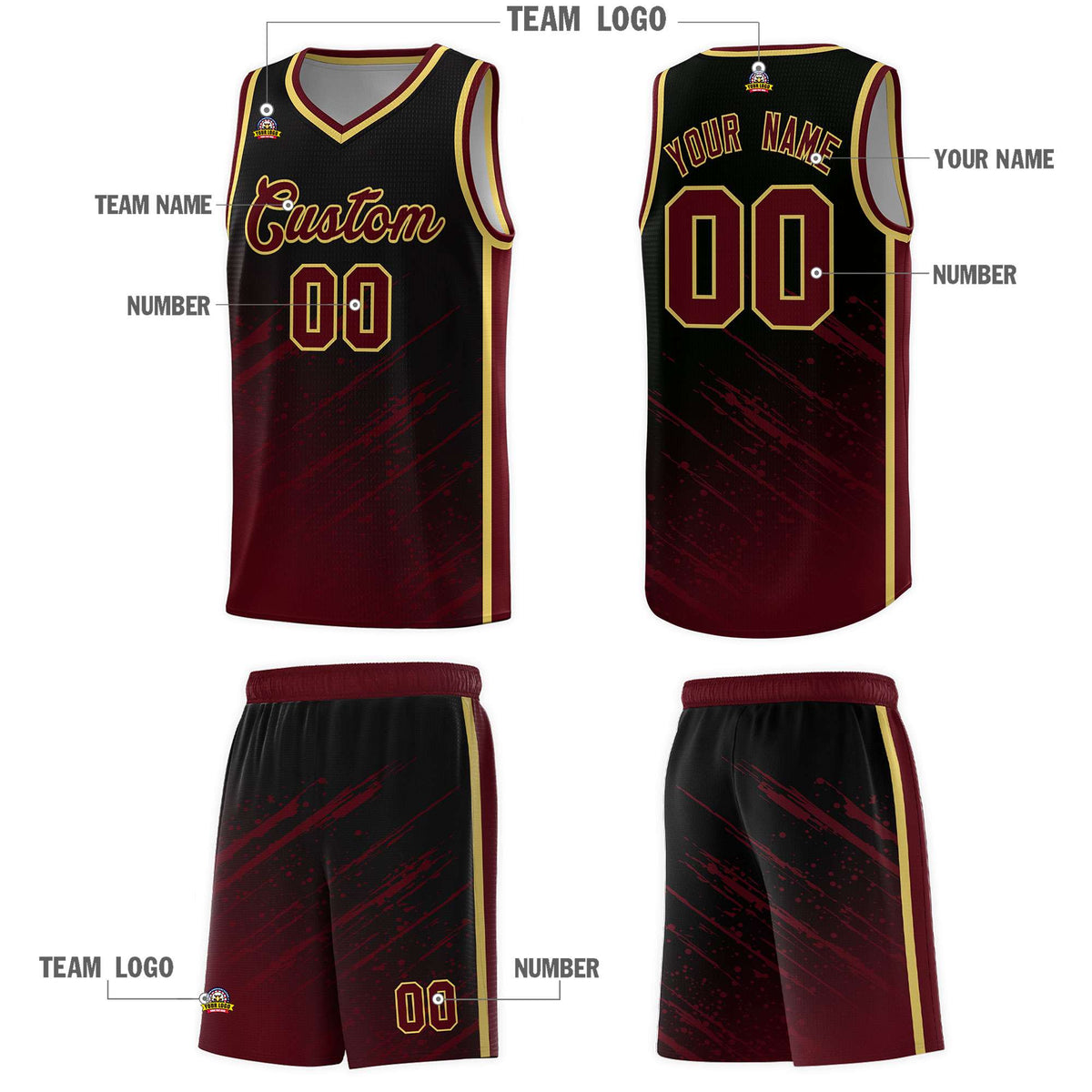 Custom Black Basketball Kits With Crimson Paint Graffiti
