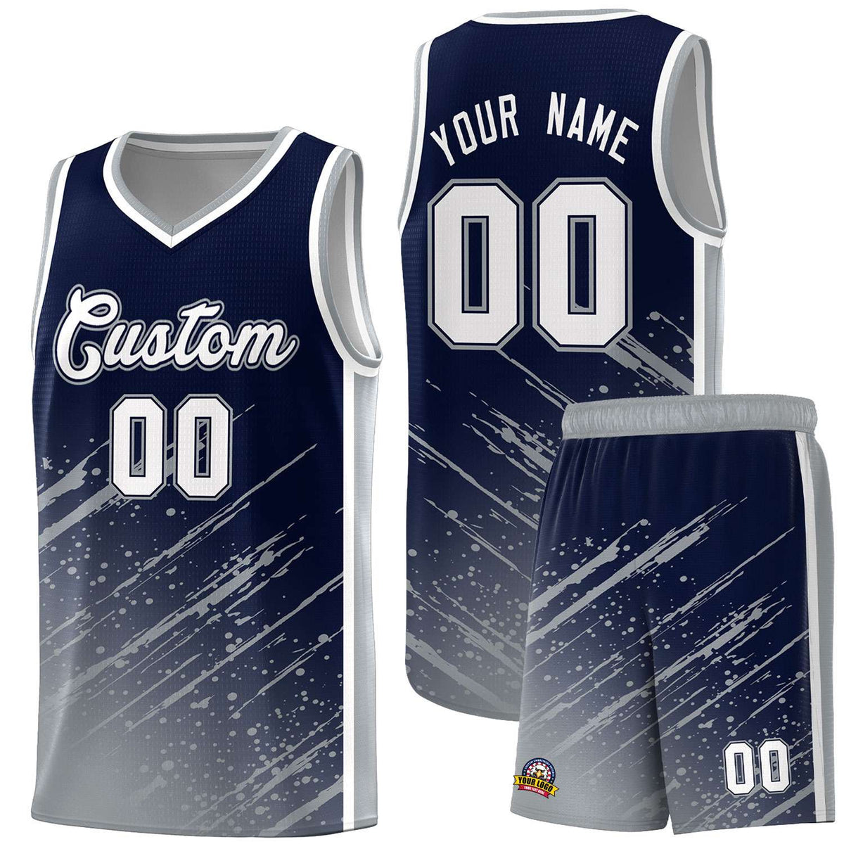 Custom Navy Basketball Kits With Gray Paint Graffiti