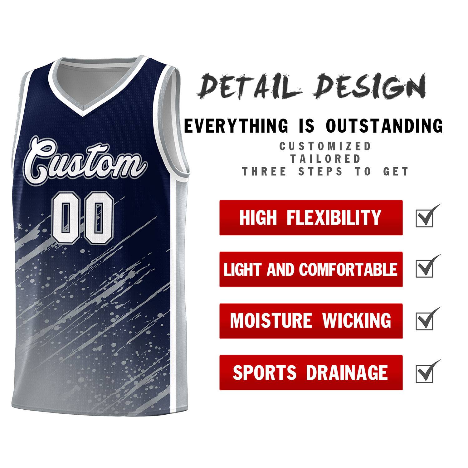 Custom Navy Basketball Kits With Gray Paint Graffiti