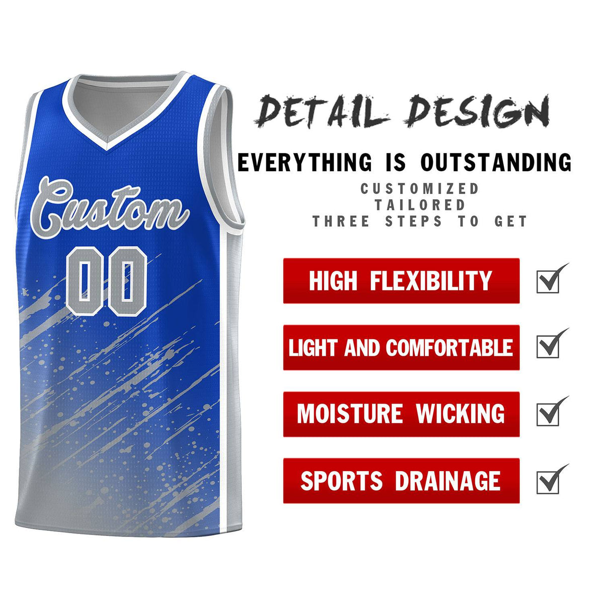 Custom Royal Basketball Kits With Gray Paint Graffiti