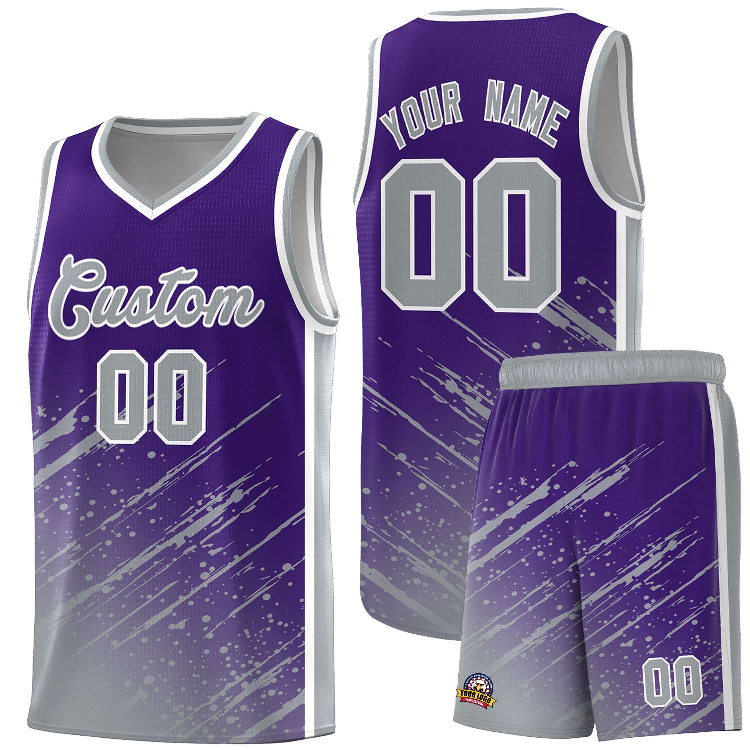 Custom Purple Basketball Kits With Gray Paint Graffiti