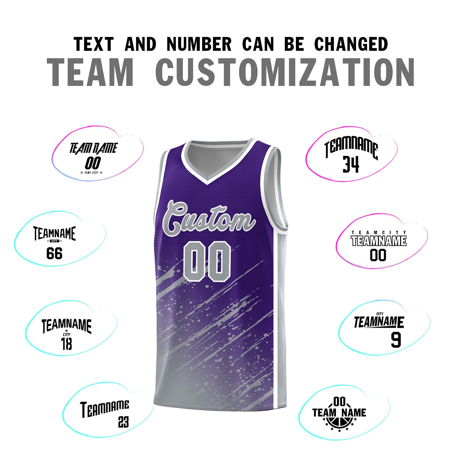 Custom Purple Basketball Kits With Gray Paint Graffiti