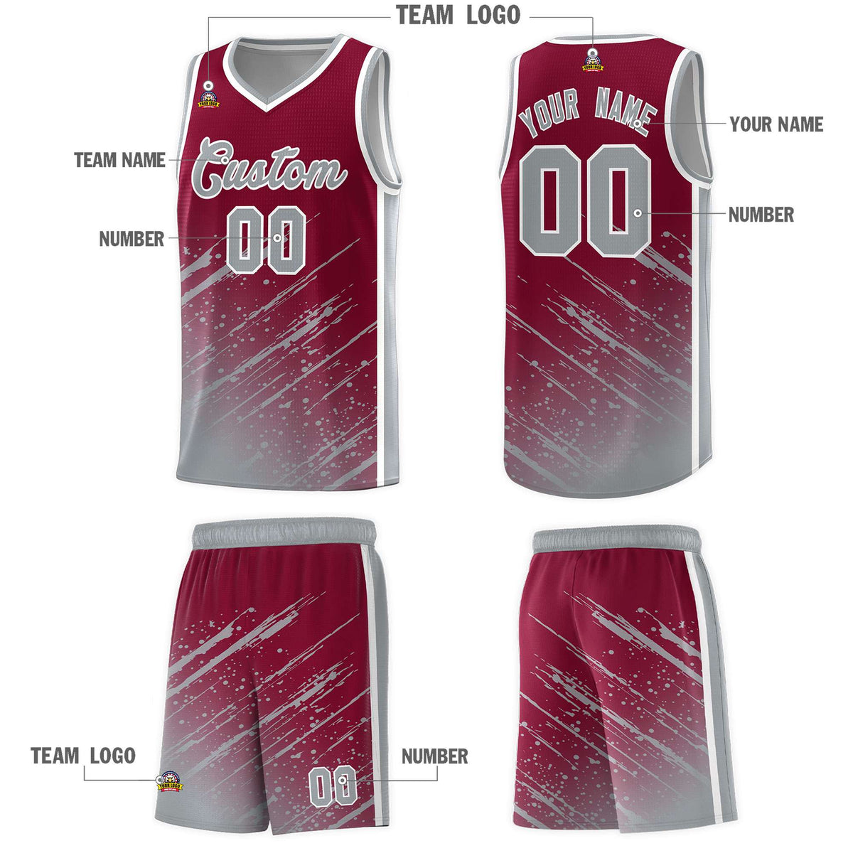 Custom Crimson Basketball Kits With Gray Paint Graffiti