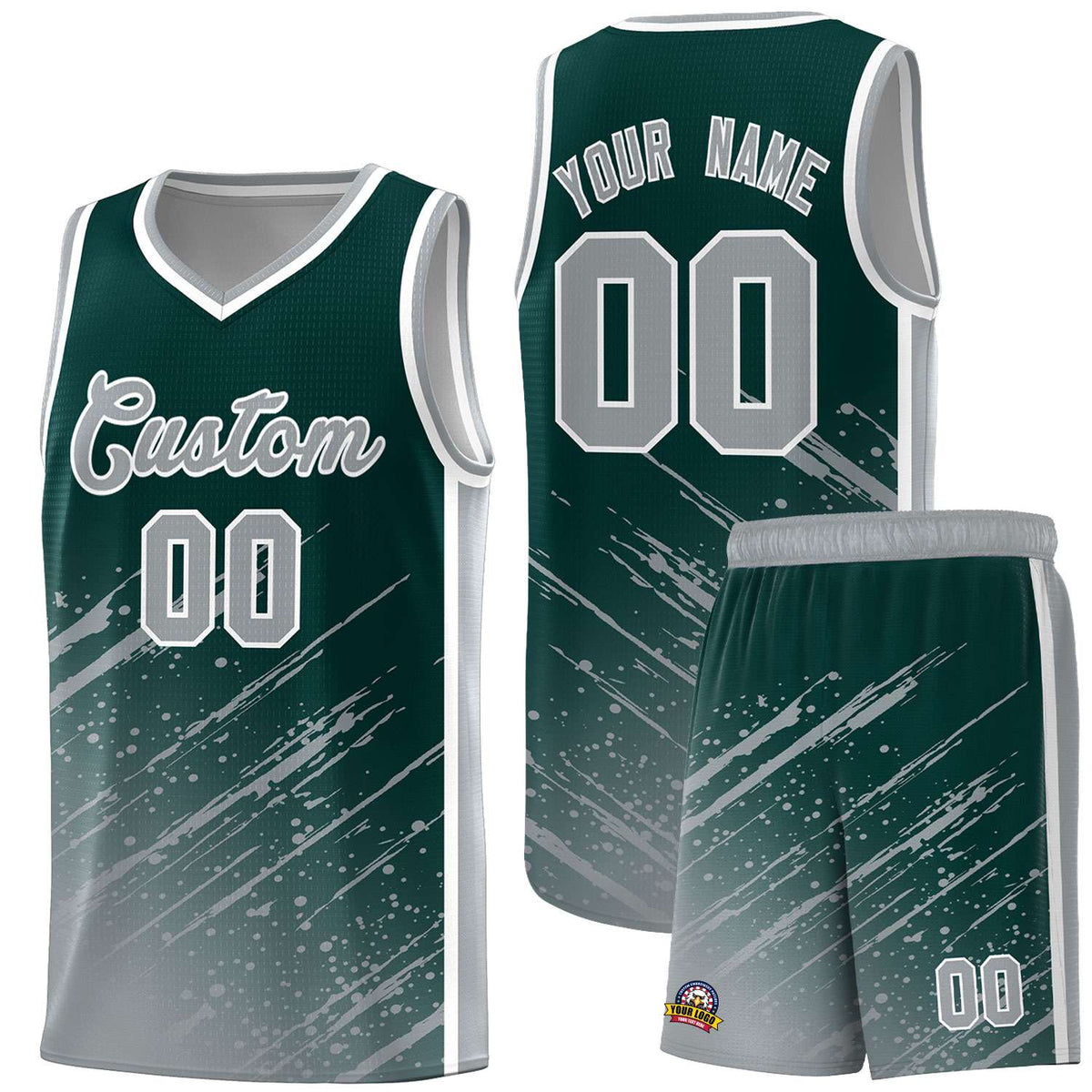 Custom Midnight Green Basketball Kits With Gray Paint Graffiti