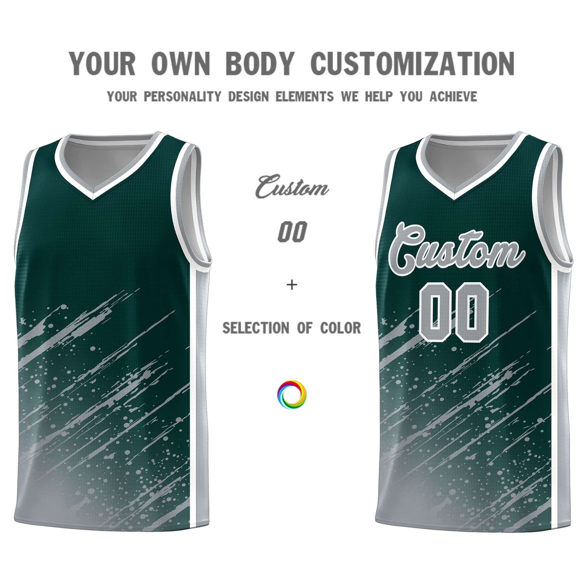 Custom Midnight Green Basketball Kits With Gray Paint Graffiti