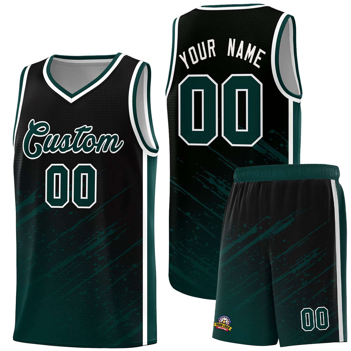 Custom Black Basketball Kits With Midnight Green Paint Graffiti