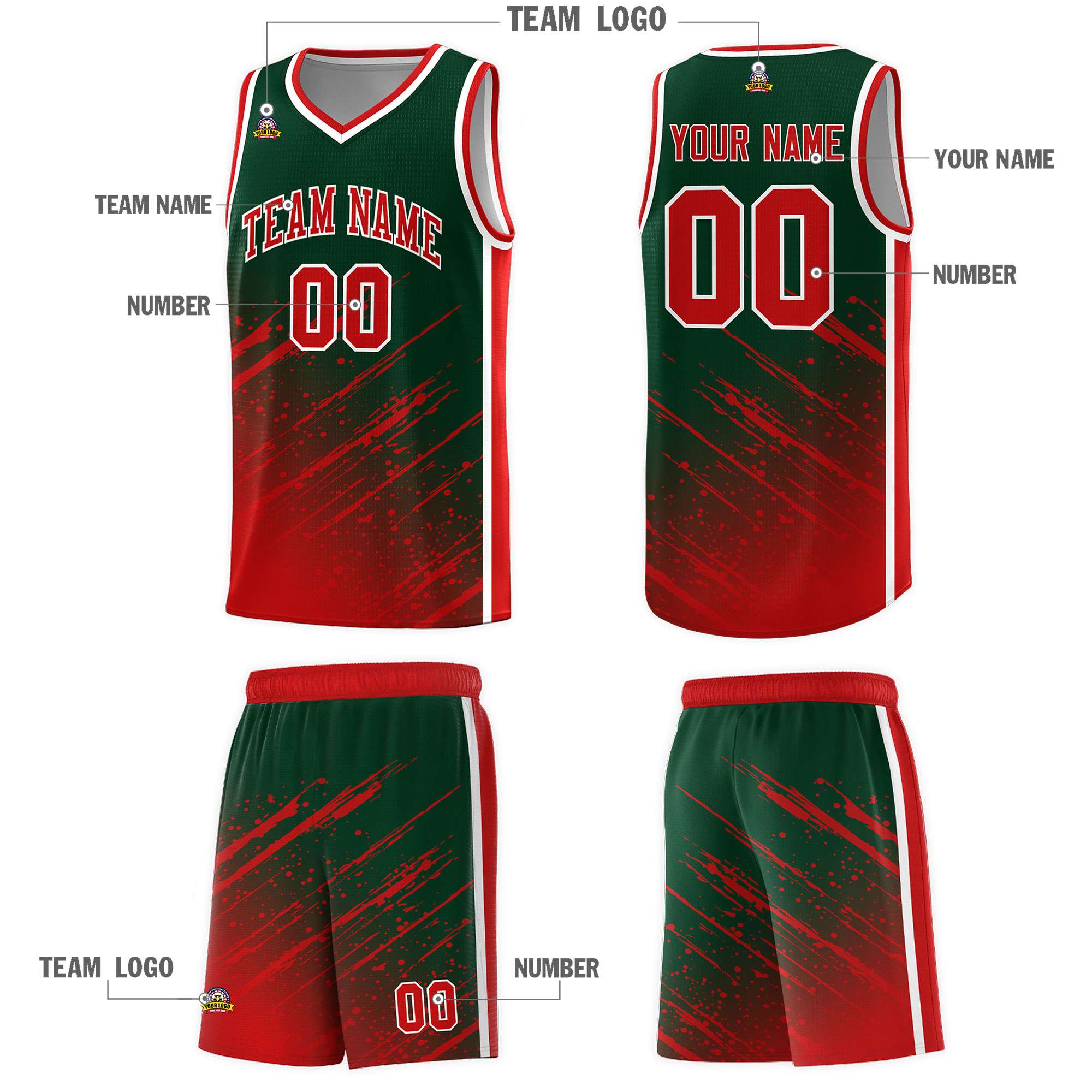 Custom Green Basketball Kits With Red Paint Graffiti