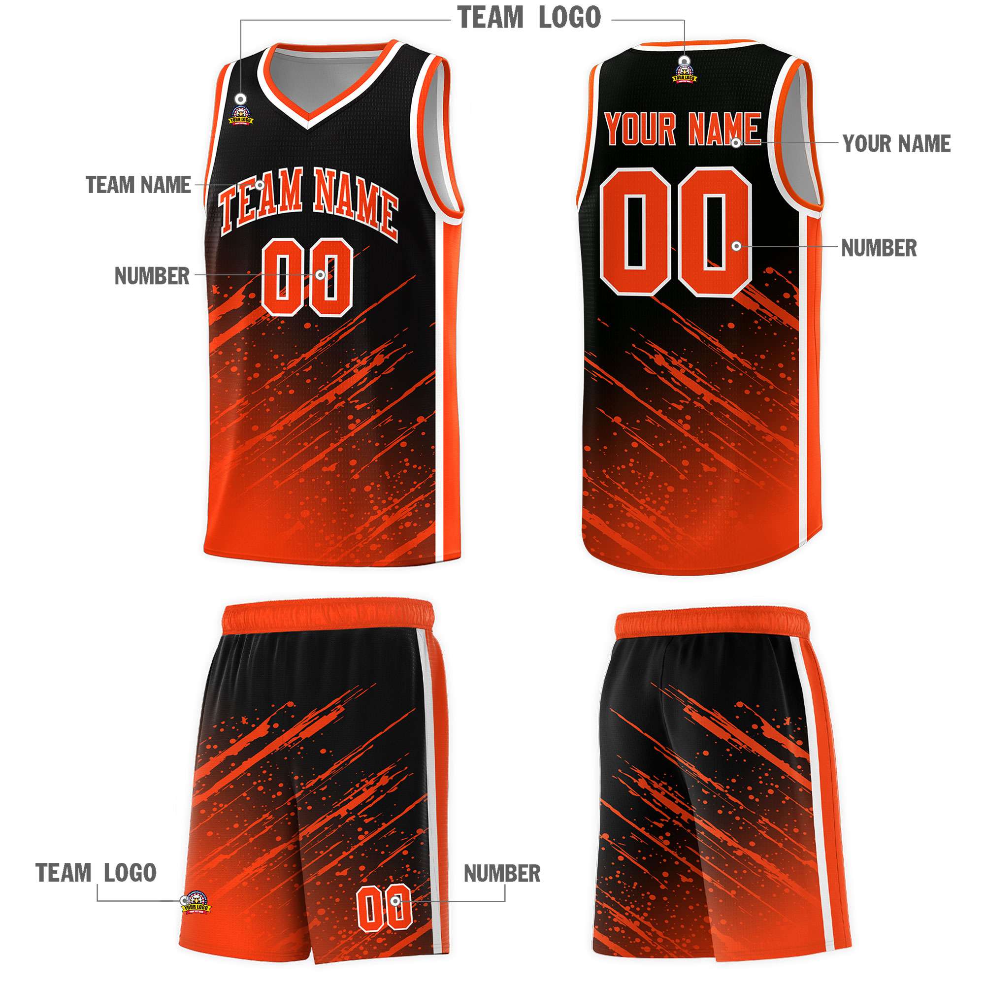 Custom Black Basketball Kits With Orange Paint Graffiti