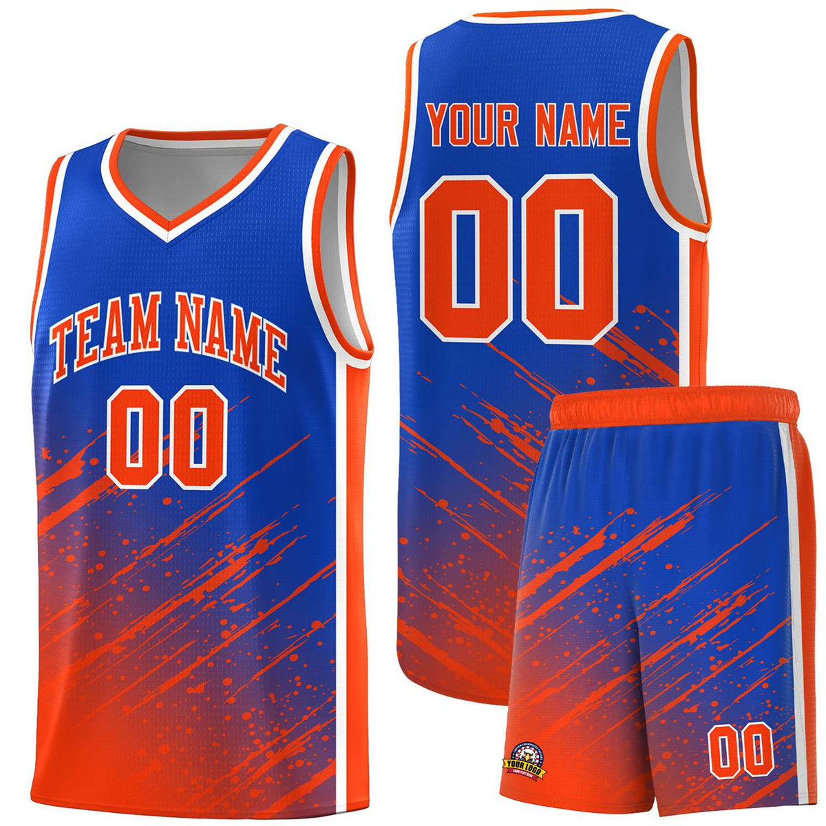 Custom Royal Basketball Kits With Orange Paint Graffiti