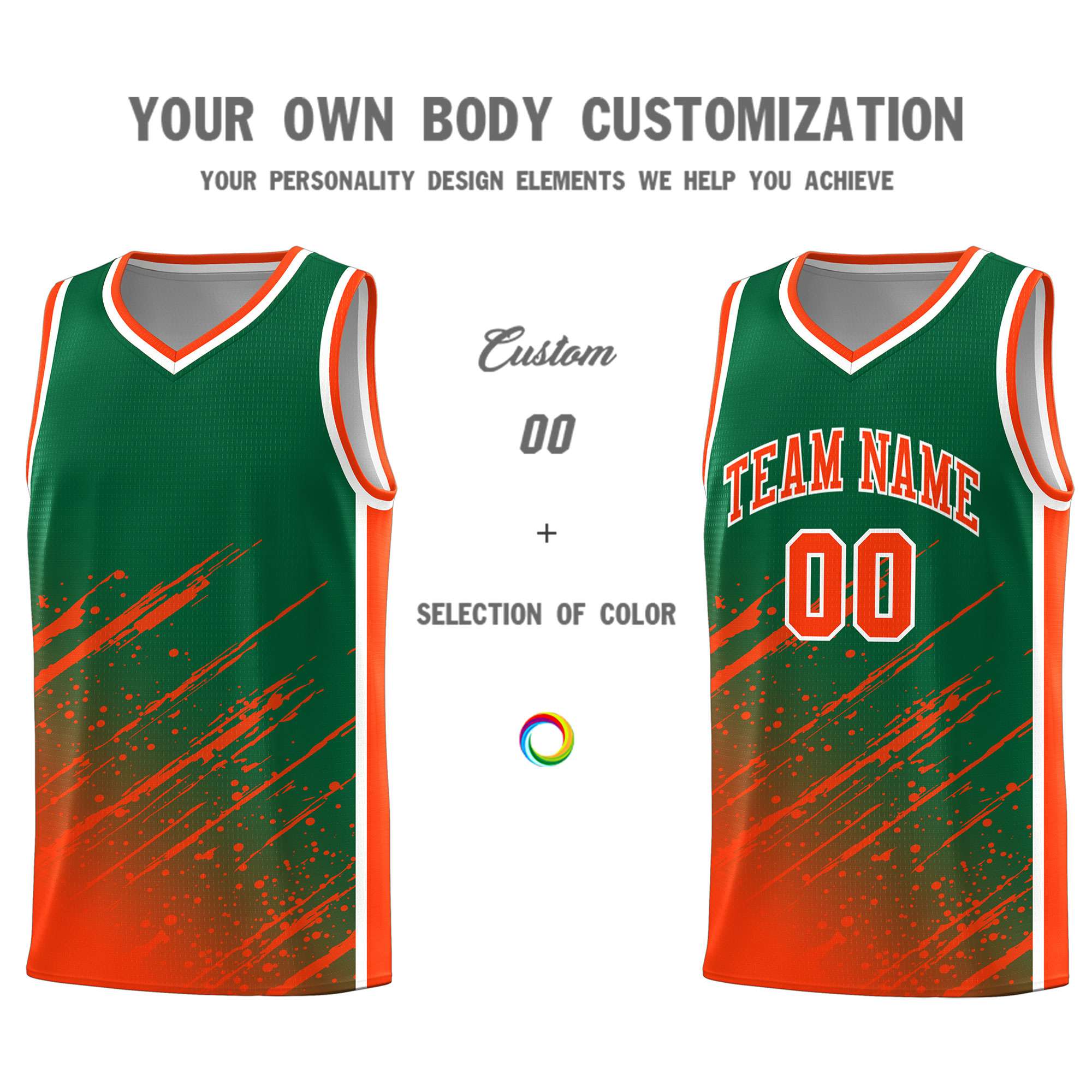 Custom Kelly Green Basketball Kits With Orange Paint Graffiti