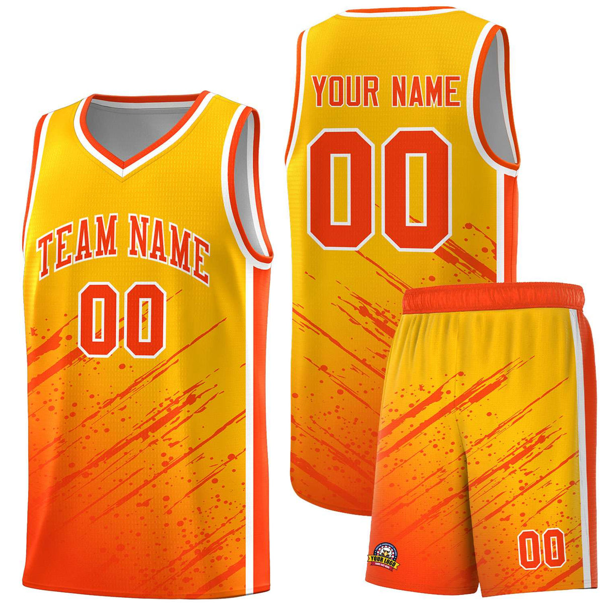 Custom Yellow Basketball Kits With Orange Paint Graffiti