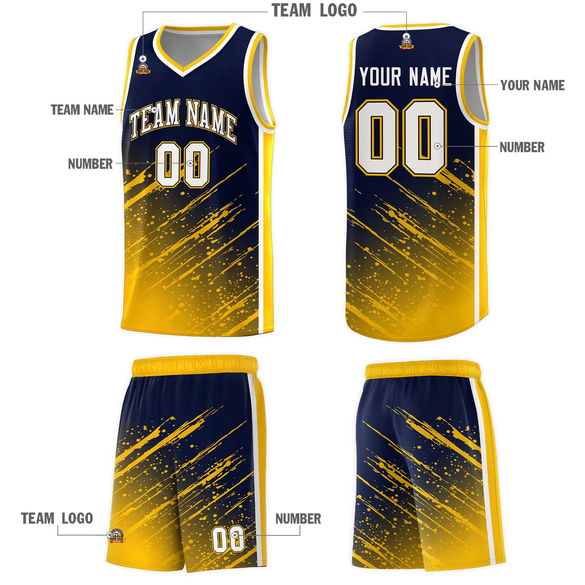 Custom Navy Basketball Kits With Yellow Paint Graffiti