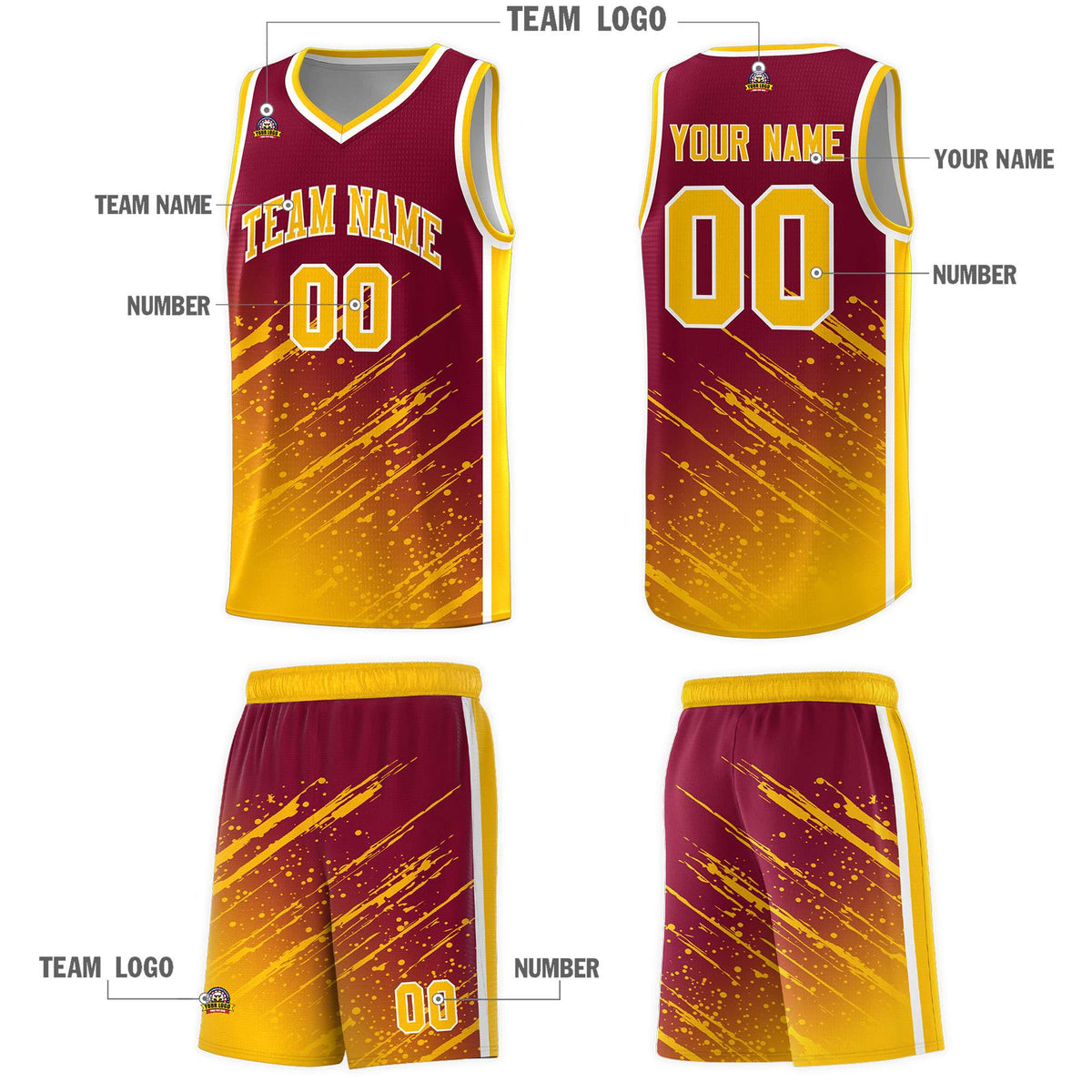 Custom Crimson Basketball Kits With Yellow Paint Graffiti