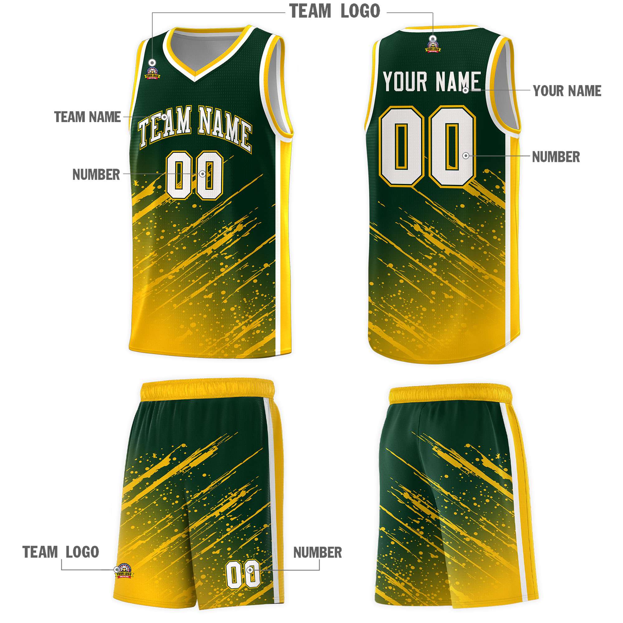 Custom Green Basketball Kits With Yellow Paint Graffiti