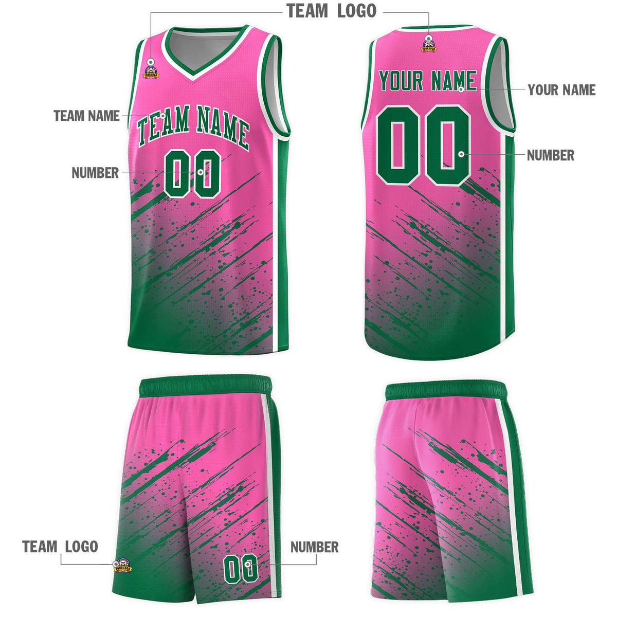 Custom Pink Basketball Kits With Kelly Green Paint Graffiti
