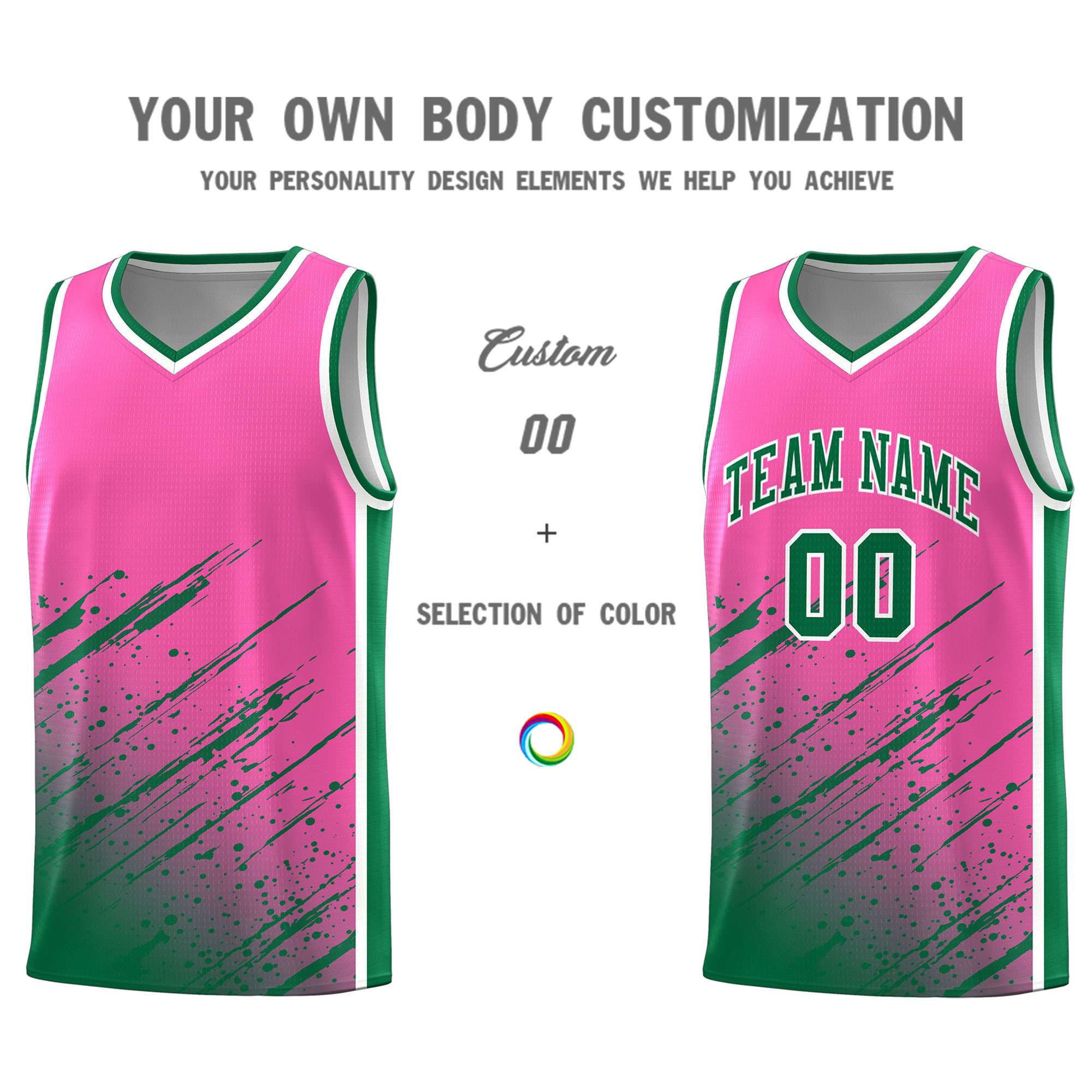 Custom Pink Basketball Kits With Kelly Green Paint Graffiti