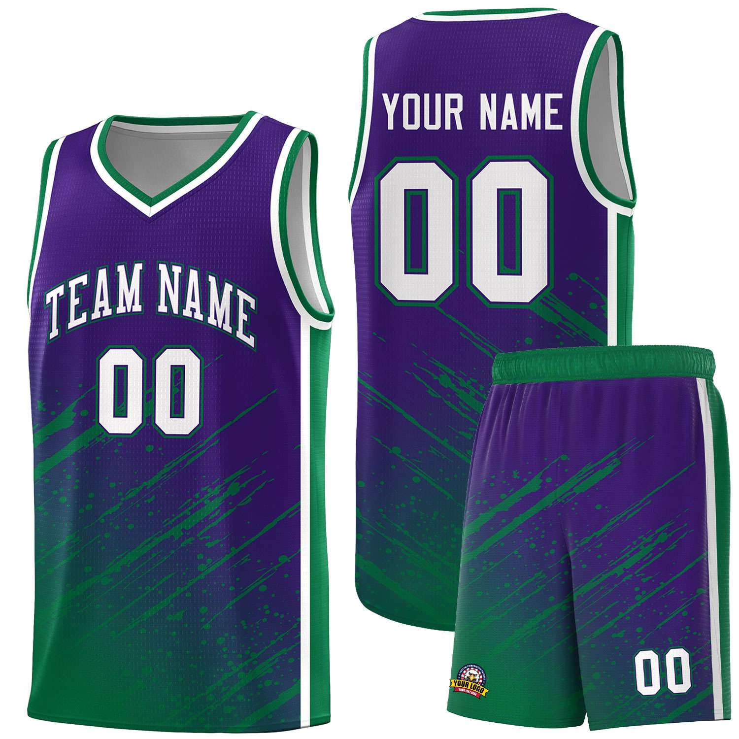 Custom Purple Basketball Kits With Kelly Green Paint Graffiti