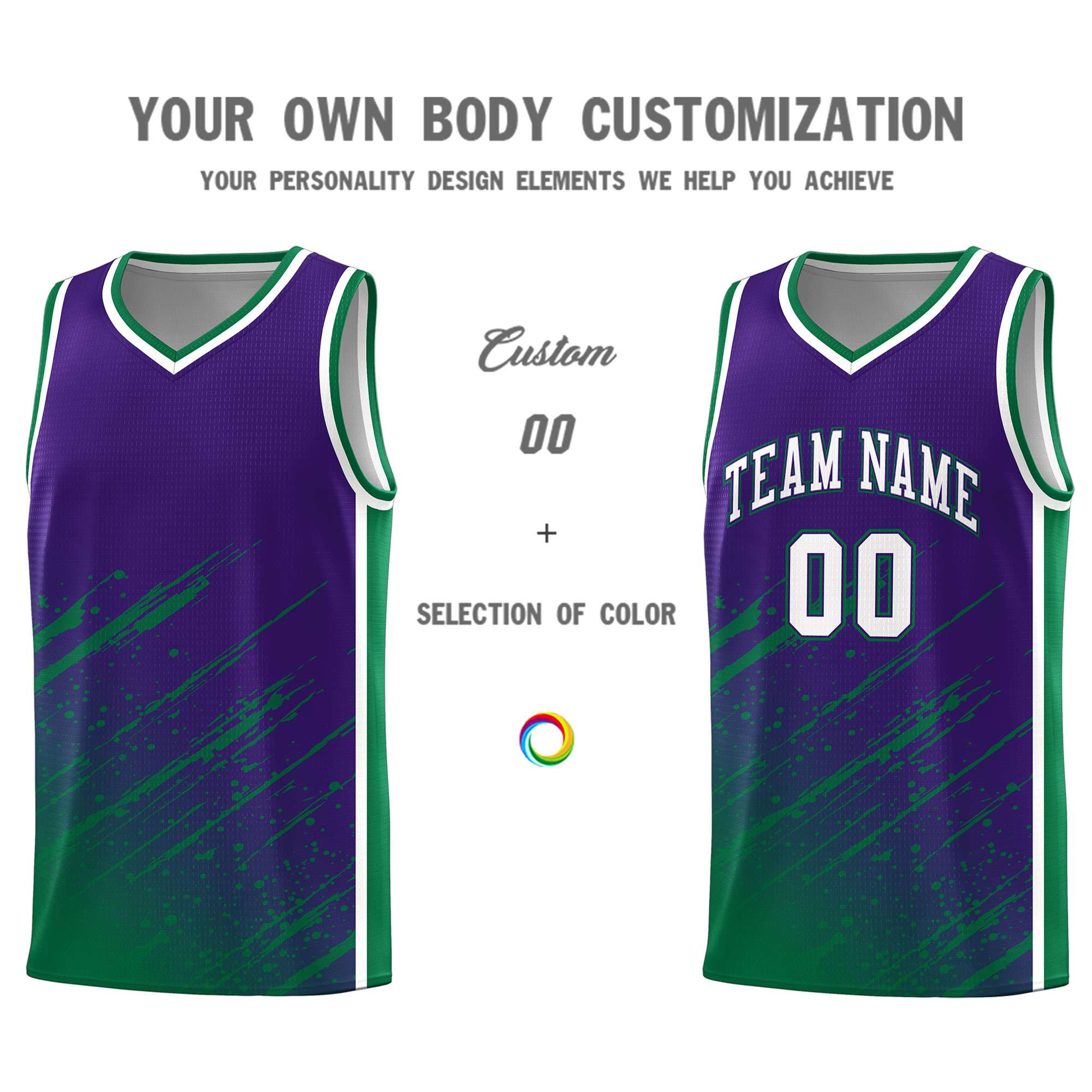 Custom Purple Basketball Kits With Kelly Green Paint Graffiti