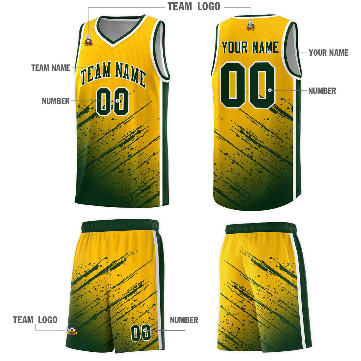 Custom Yellow Basketball Kits With Green Paint Graffiti