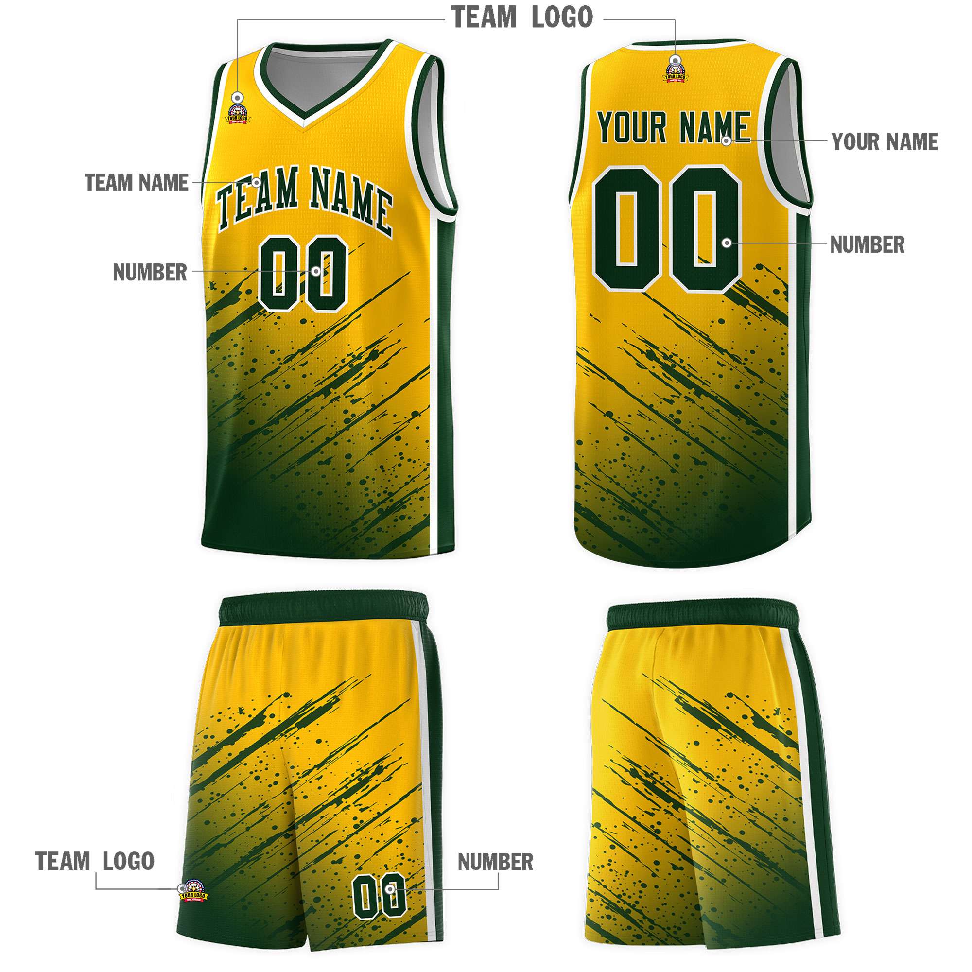 Custom Yellow Basketball Kits With Green Paint Graffiti
