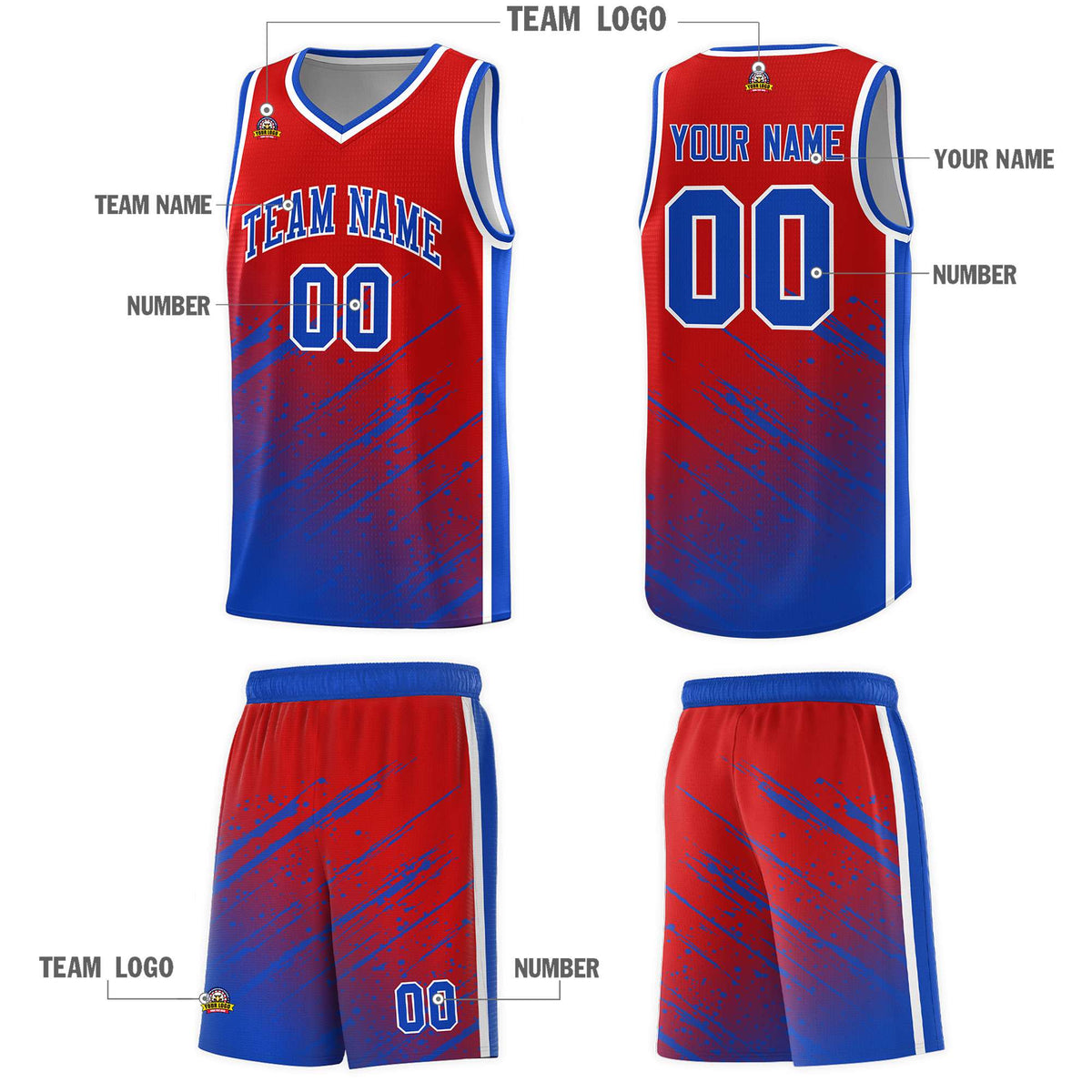 Custom Red Basketball Kits With Royal Paint Graffiti