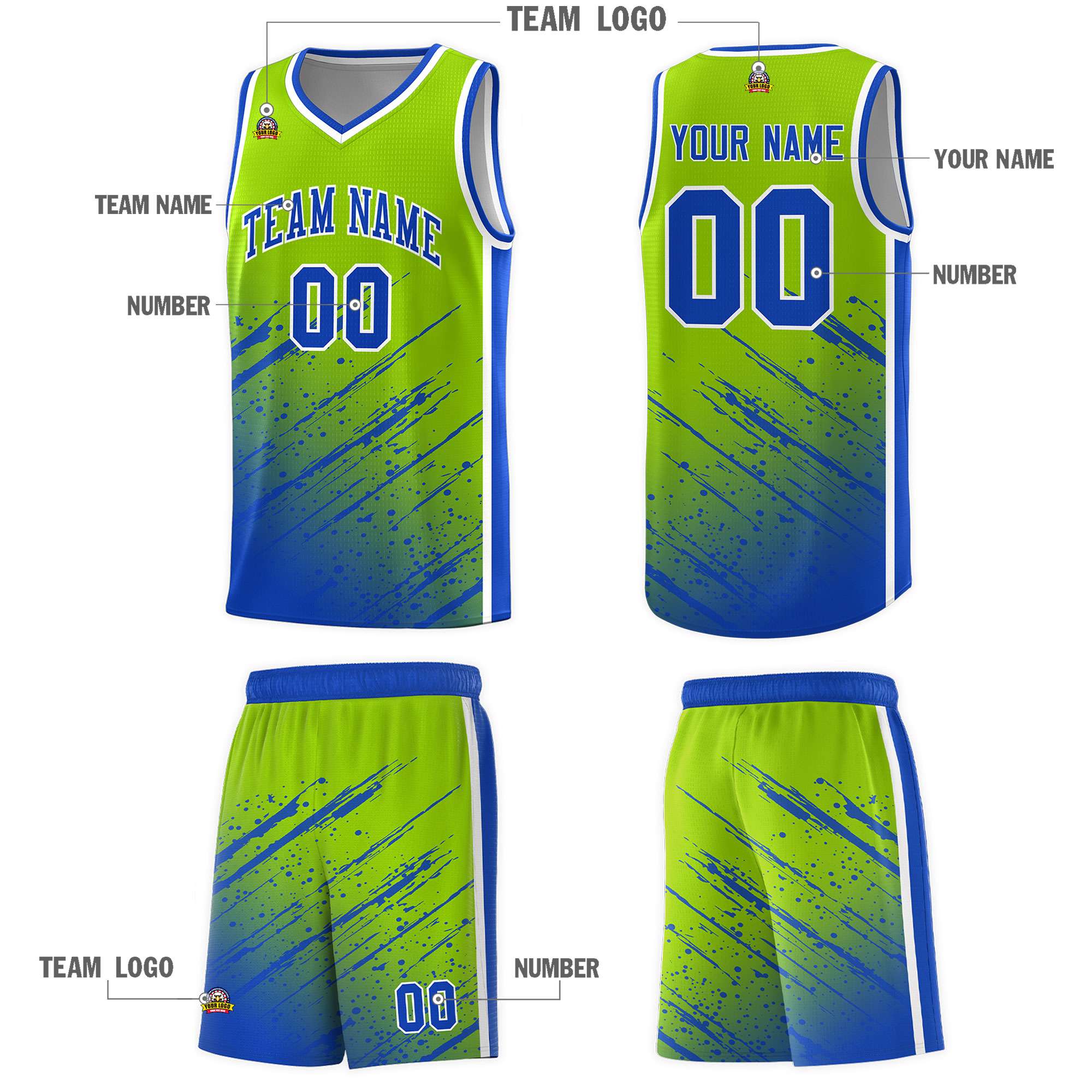 Custom Neon Green Basketball Kits With Royal Paint Graffiti