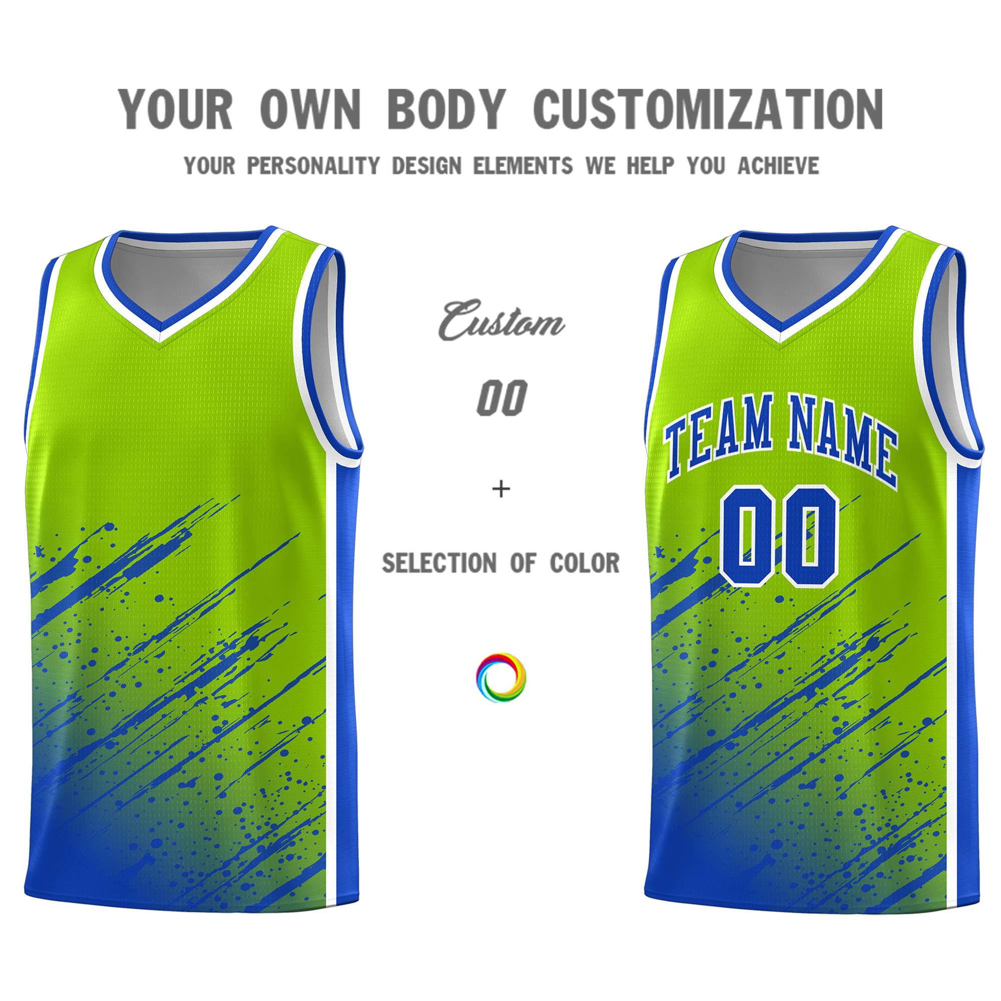 Custom Neon Green Basketball Kits With Royal Paint Graffiti
