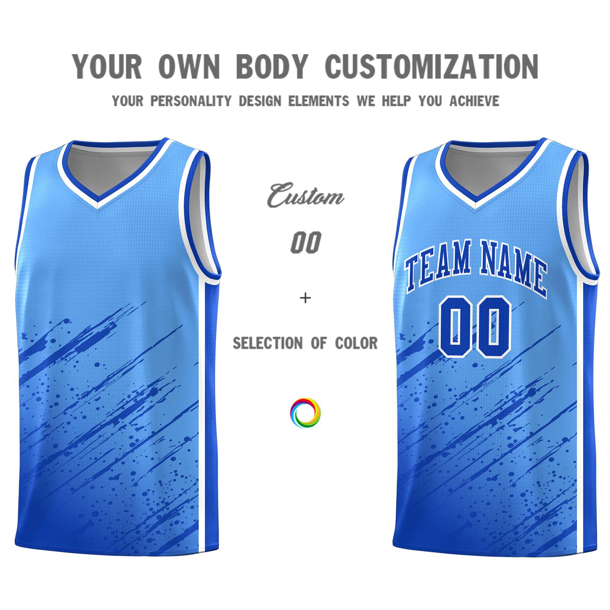 Custom Powder Blue Basketball Kits With Royal Paint Graffiti