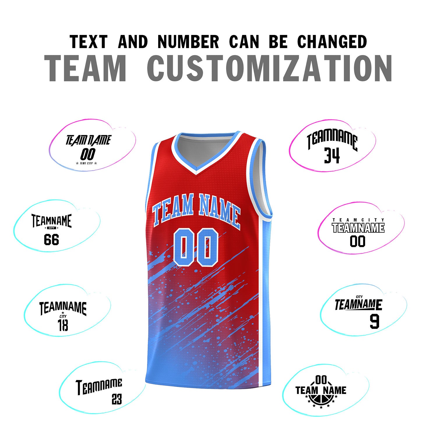 Custom Red Basketball Kits With Powder Blue Paint Graffiti
