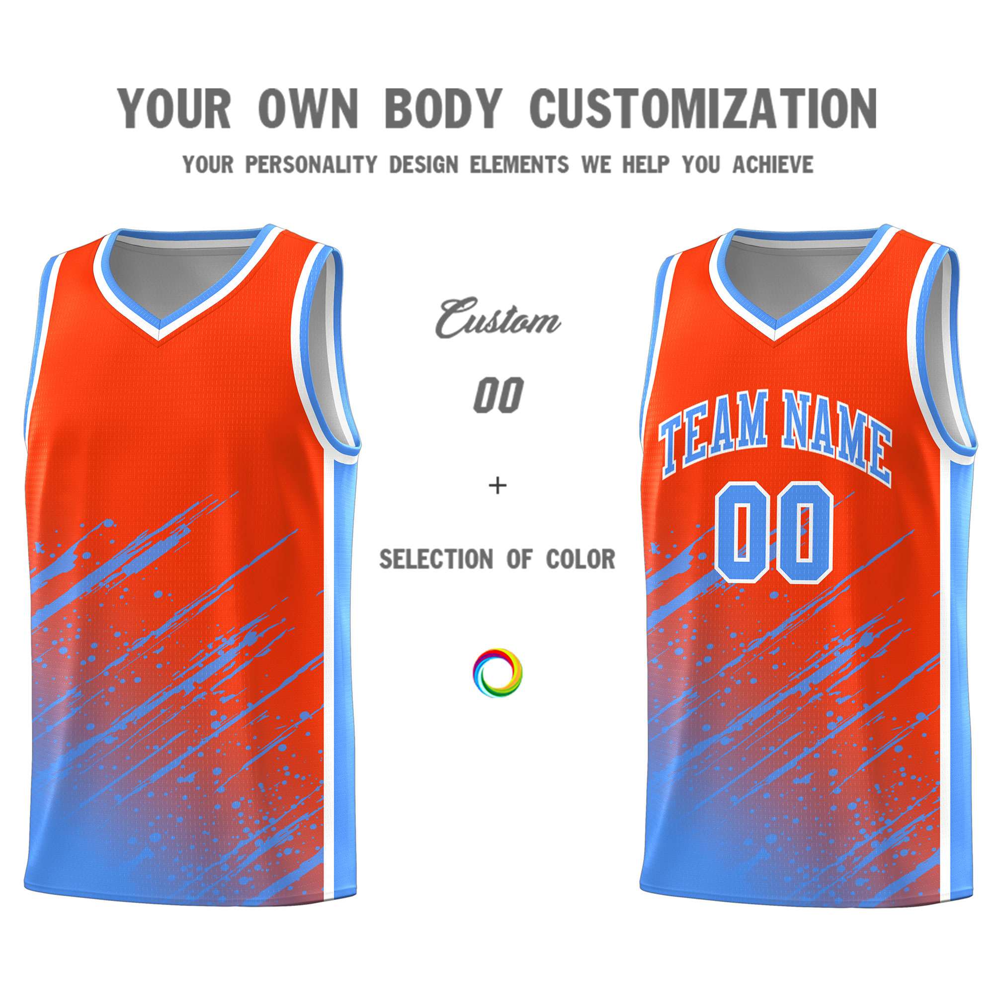 Custom Orange Basketball Kits With Powder Blue Paint Graffiti