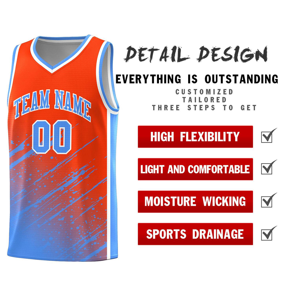 Custom Orange Basketball Kits With Powder Blue Paint Graffiti