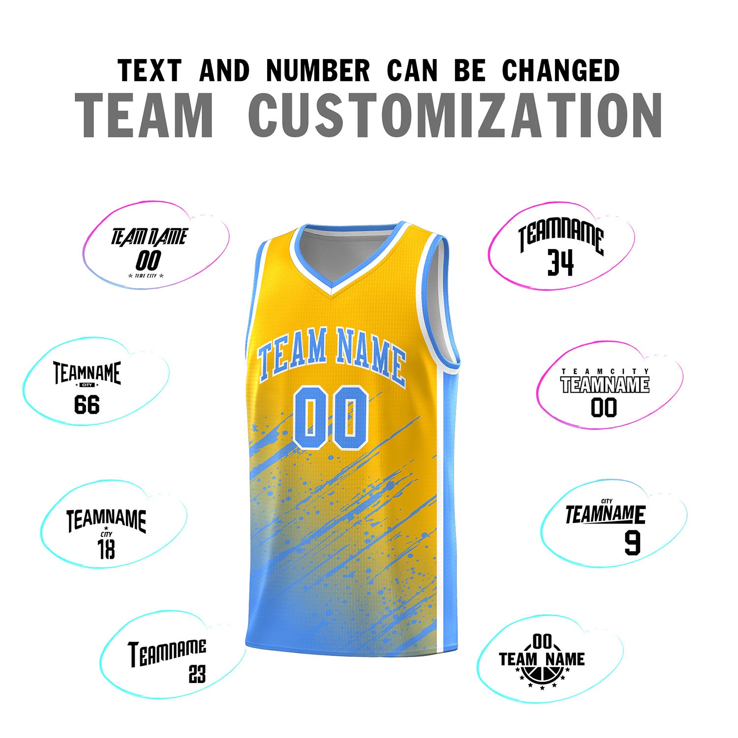 Custom Yellow Basketball Kits With Powder Blue Paint Graffiti