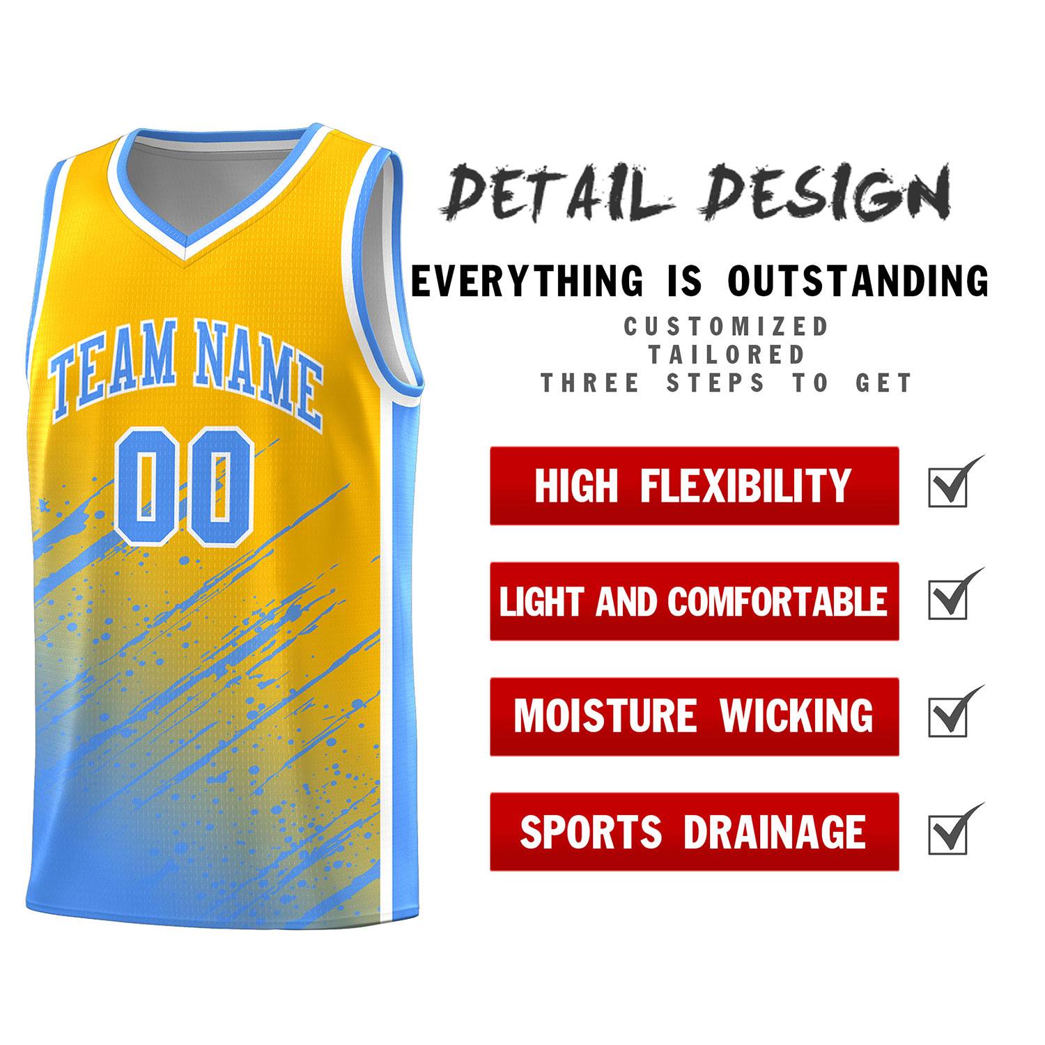 Custom Yellow Basketball Kits With Powder Blue Paint Graffiti