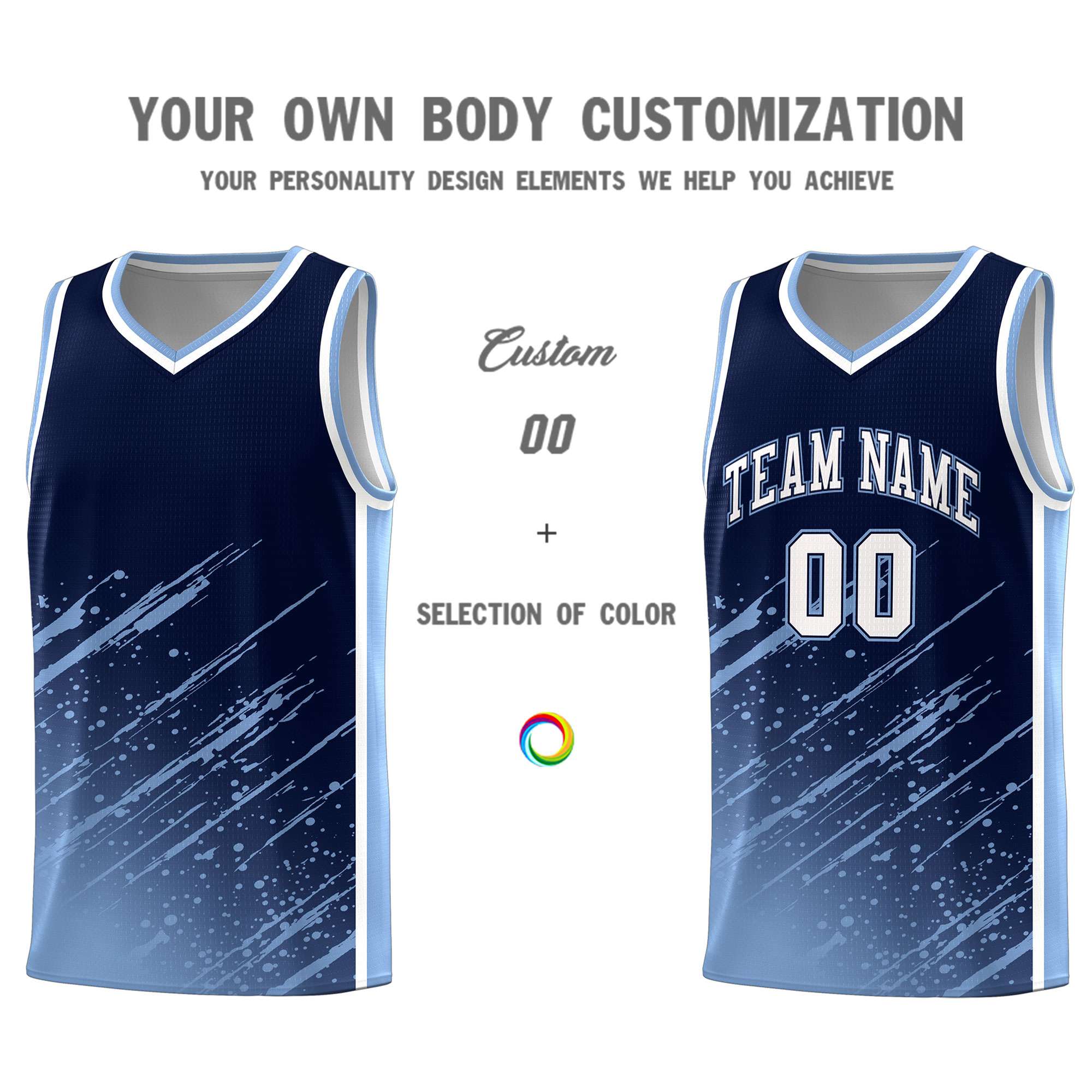 Custom Navy Basketball Kits With Light Blue Paint Graffiti