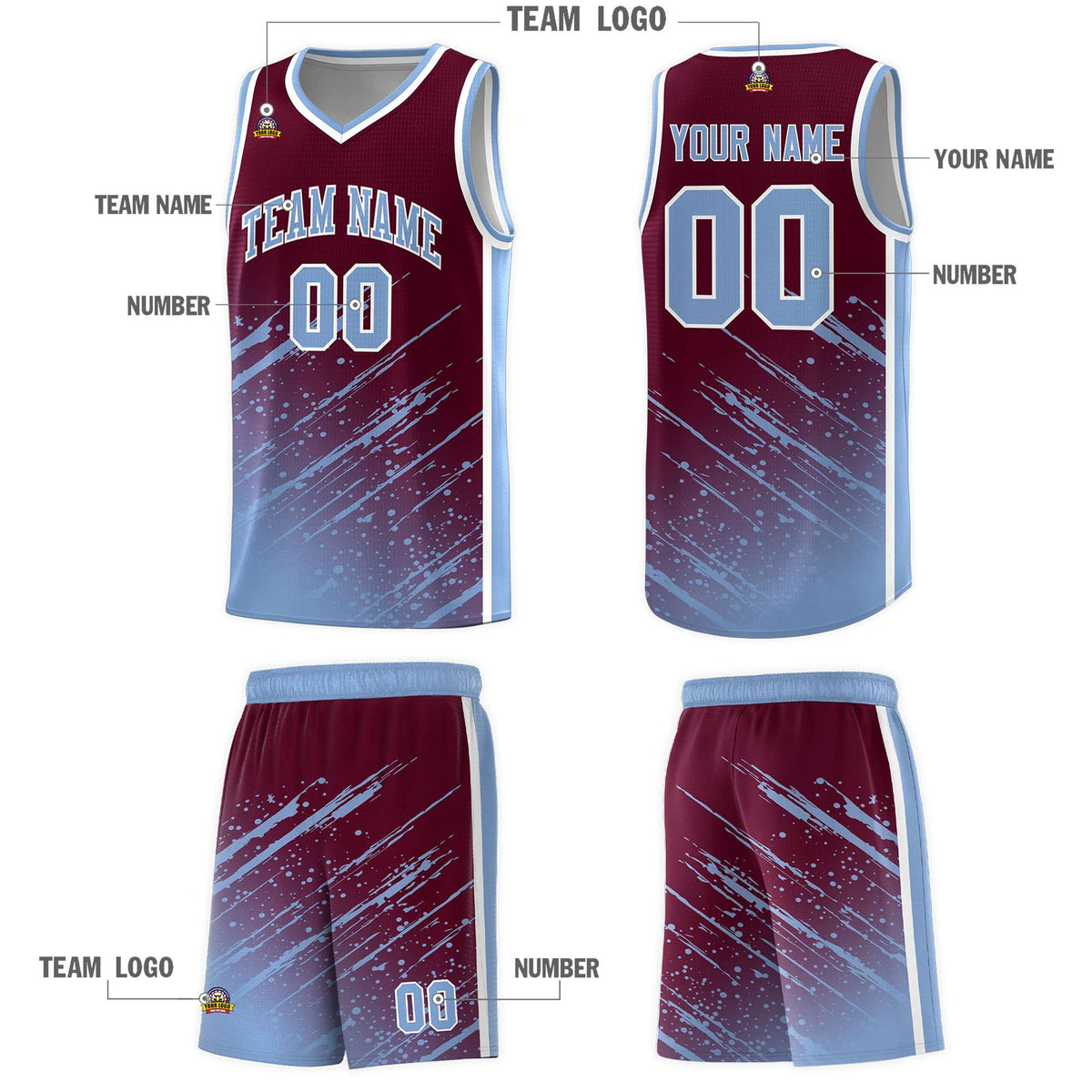 Custom Crimson Basketball Kits With Light Blue Paint Graffiti