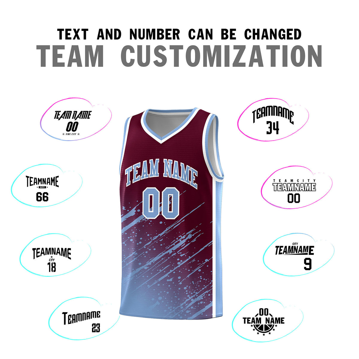 Custom Crimson Basketball Kits With Light Blue Paint Graffiti