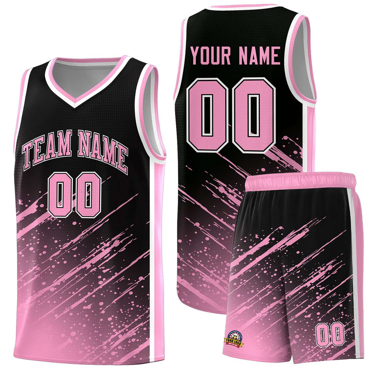 Custom Black Basketball Kits With Light Pink Paint Graffiti