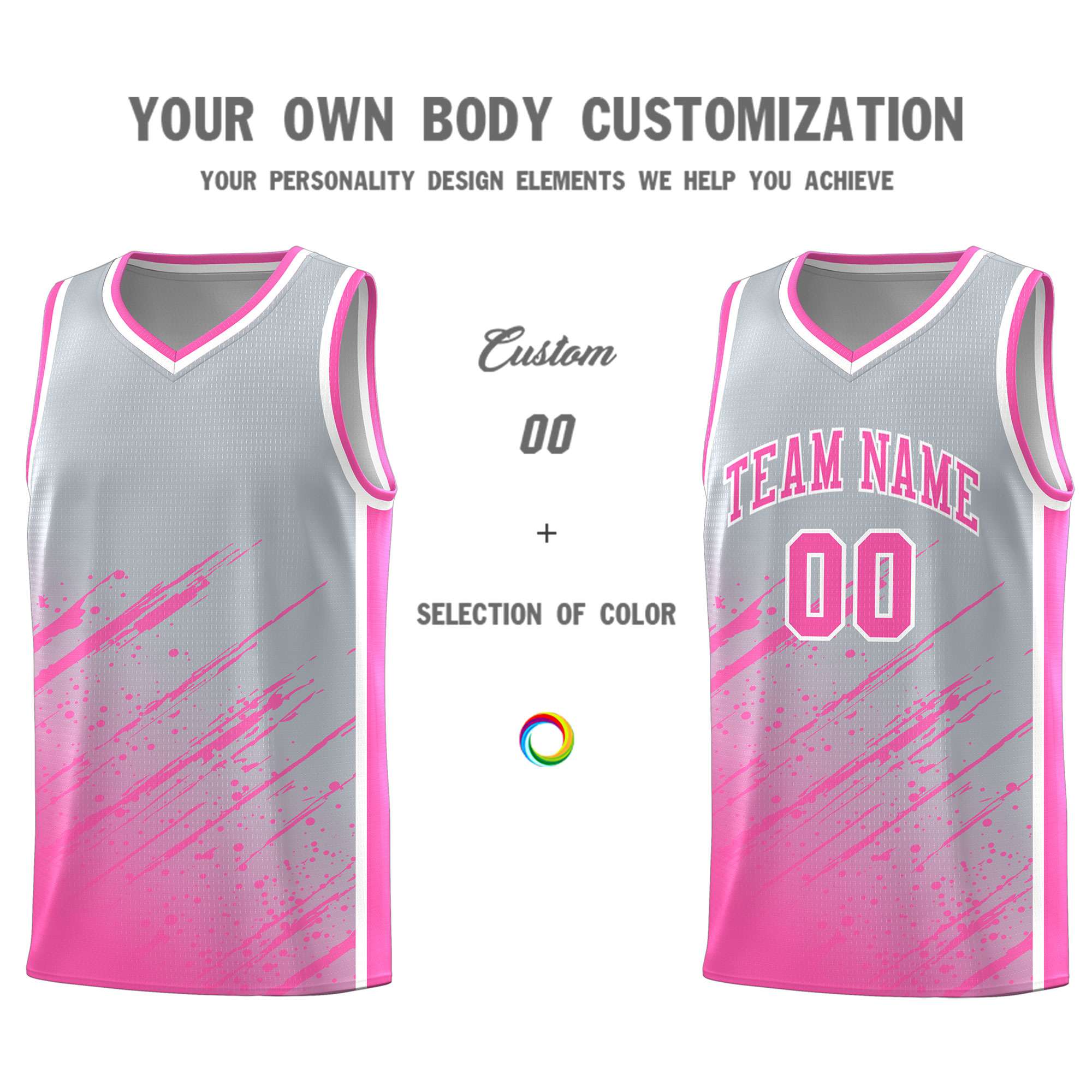Custom Gray Basketball Kits With Pink Paint Graffiti