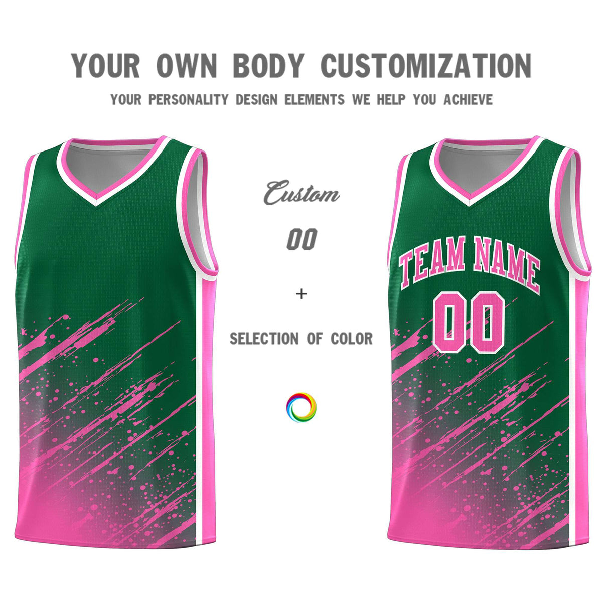 Custom Kelly Green Basketball Kits With Pink Paint Graffiti
