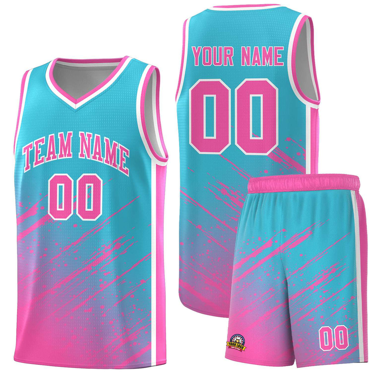 Custom Sky Blue Basketball Kits With Pink Paint Graffiti