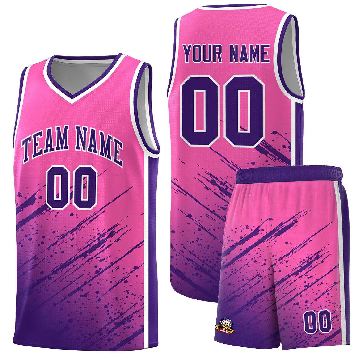 Custom Pink Basketball Kits With Purple Paint Graffiti