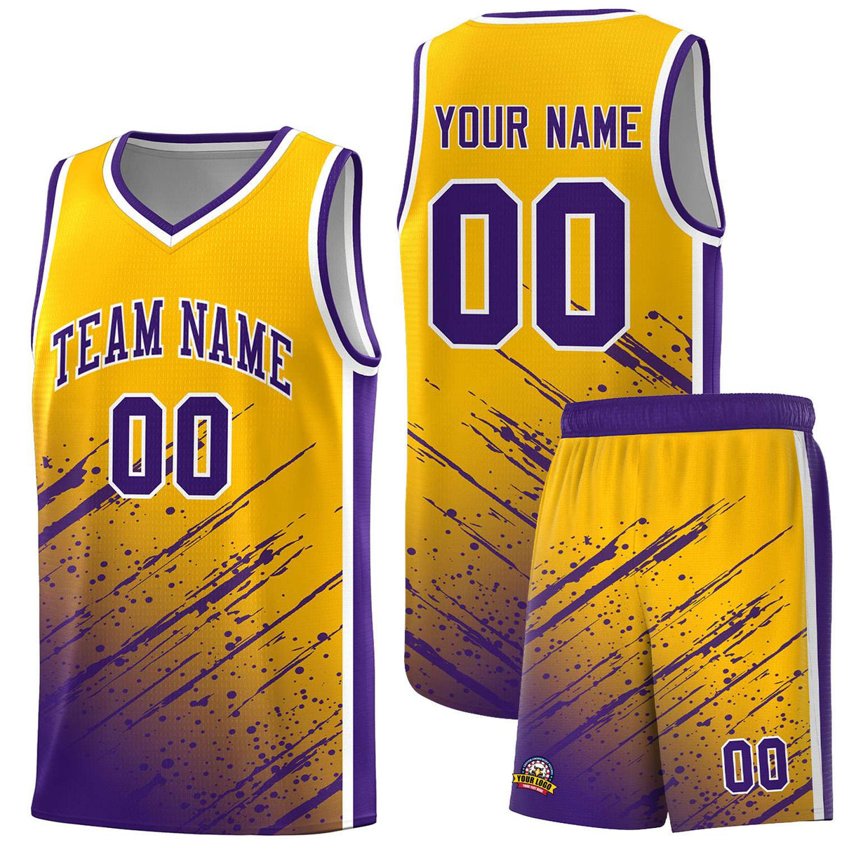 Custom Yellow Basketball Kits With Purple Paint Graffiti