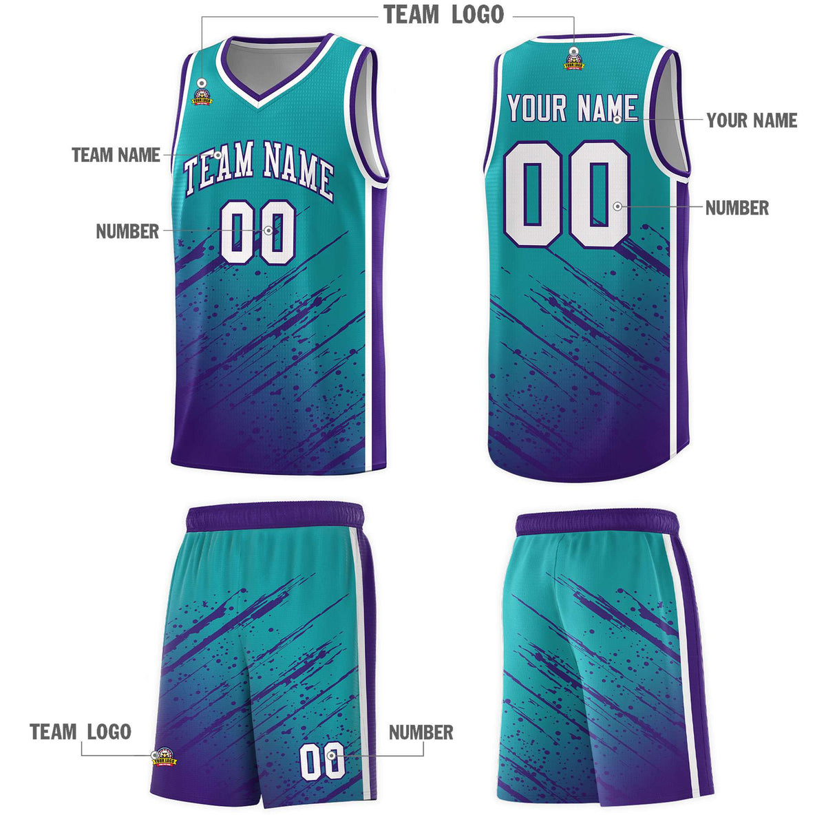 Custom Aqua Basketball Kits With Purple Paint Graffiti