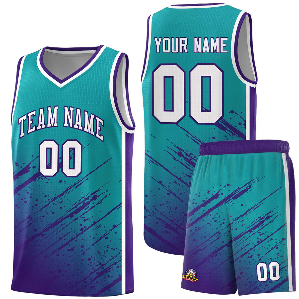 Custom Aqua Basketball Kits With Purple Paint Graffiti