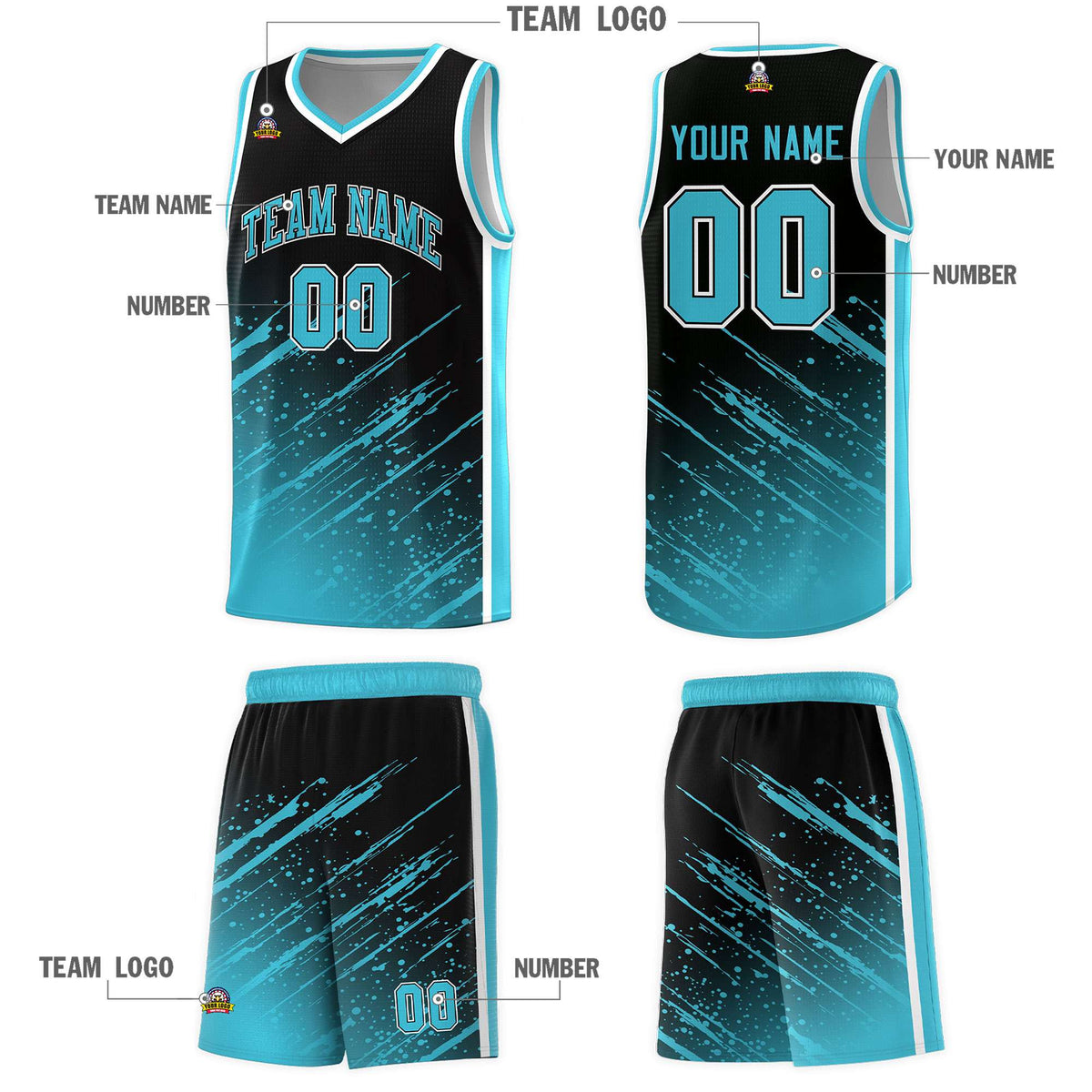 Custom Black Basketball Kits With Sky Blue Paint Graffiti