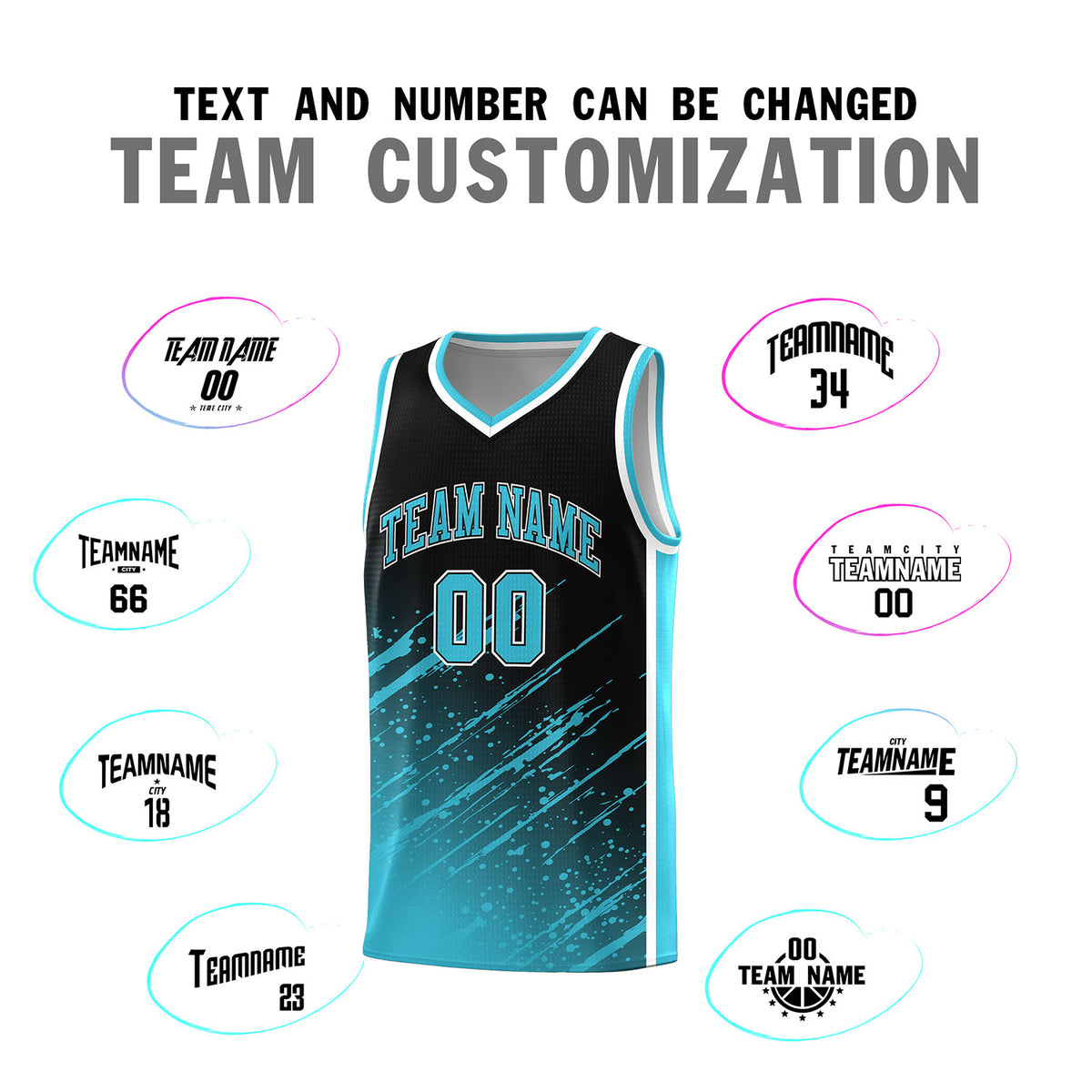 Custom Black Basketball Kits With Sky Blue Paint Graffiti