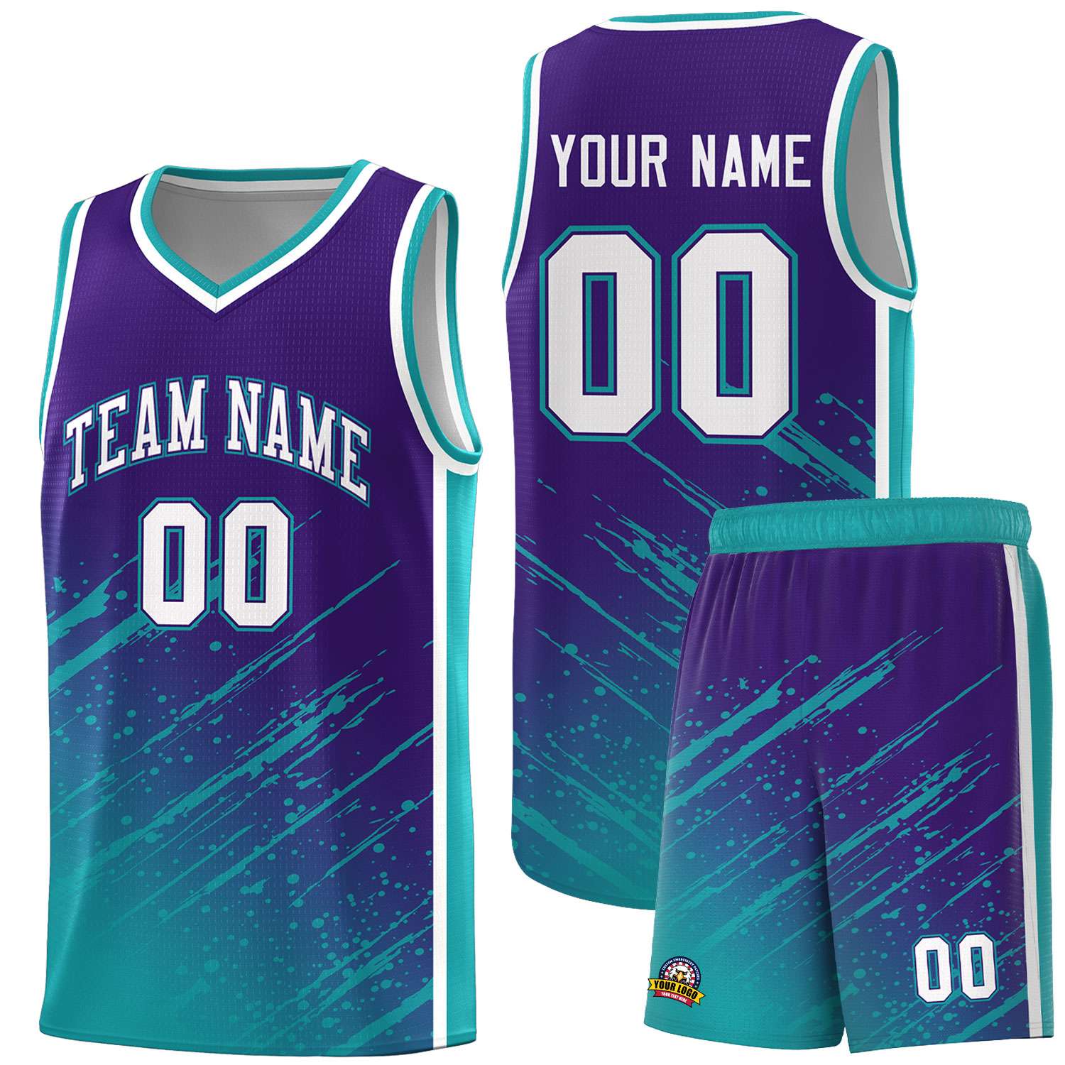 Custom Purple Basketball Kits With Aqua Paint Graffiti