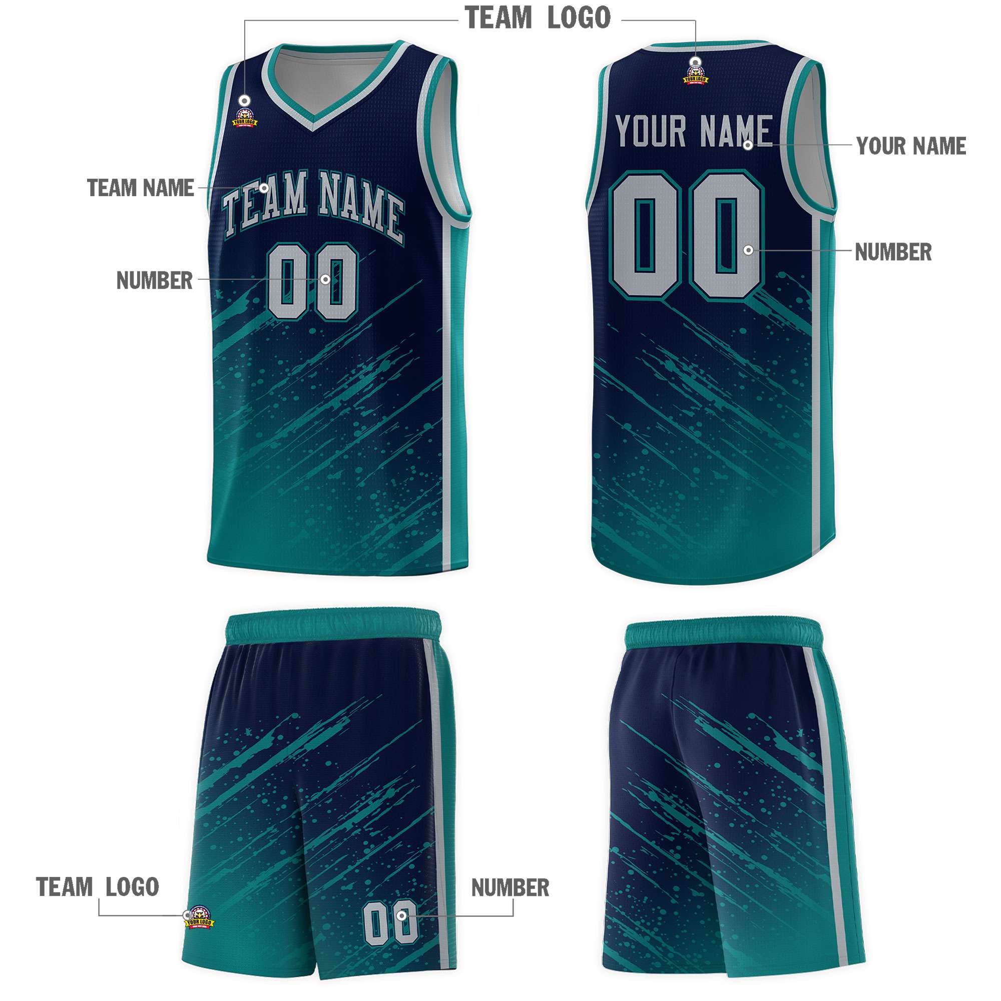 Custom Navy Basketball Kits With Aqua Paint Graffiti
